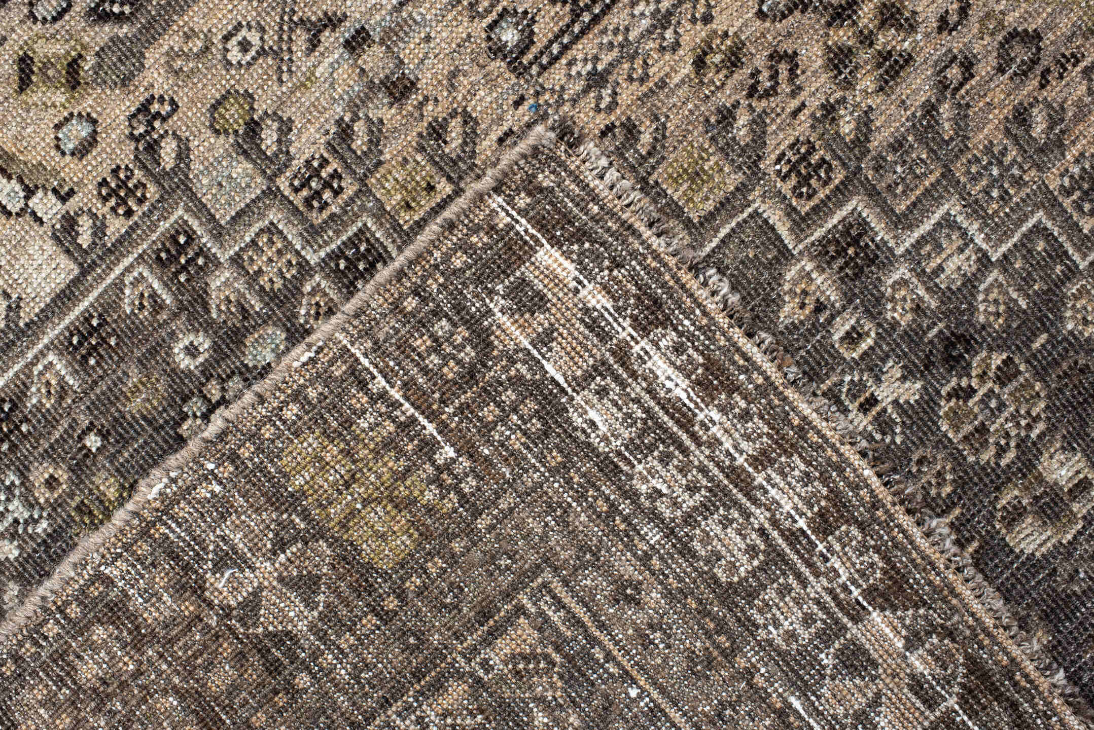 6' x 9' one-of-a-kind handmade vintage Shiraz medium size rug. Color palette: taupe, charcoal, ivory, brown, slate, cream