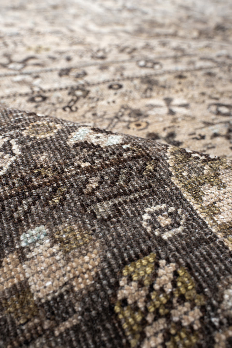 6' x 9' one-of-a-kind handmade vintage Shiraz medium size rug. Color palette: taupe, charcoal, ivory, brown, slate, cream