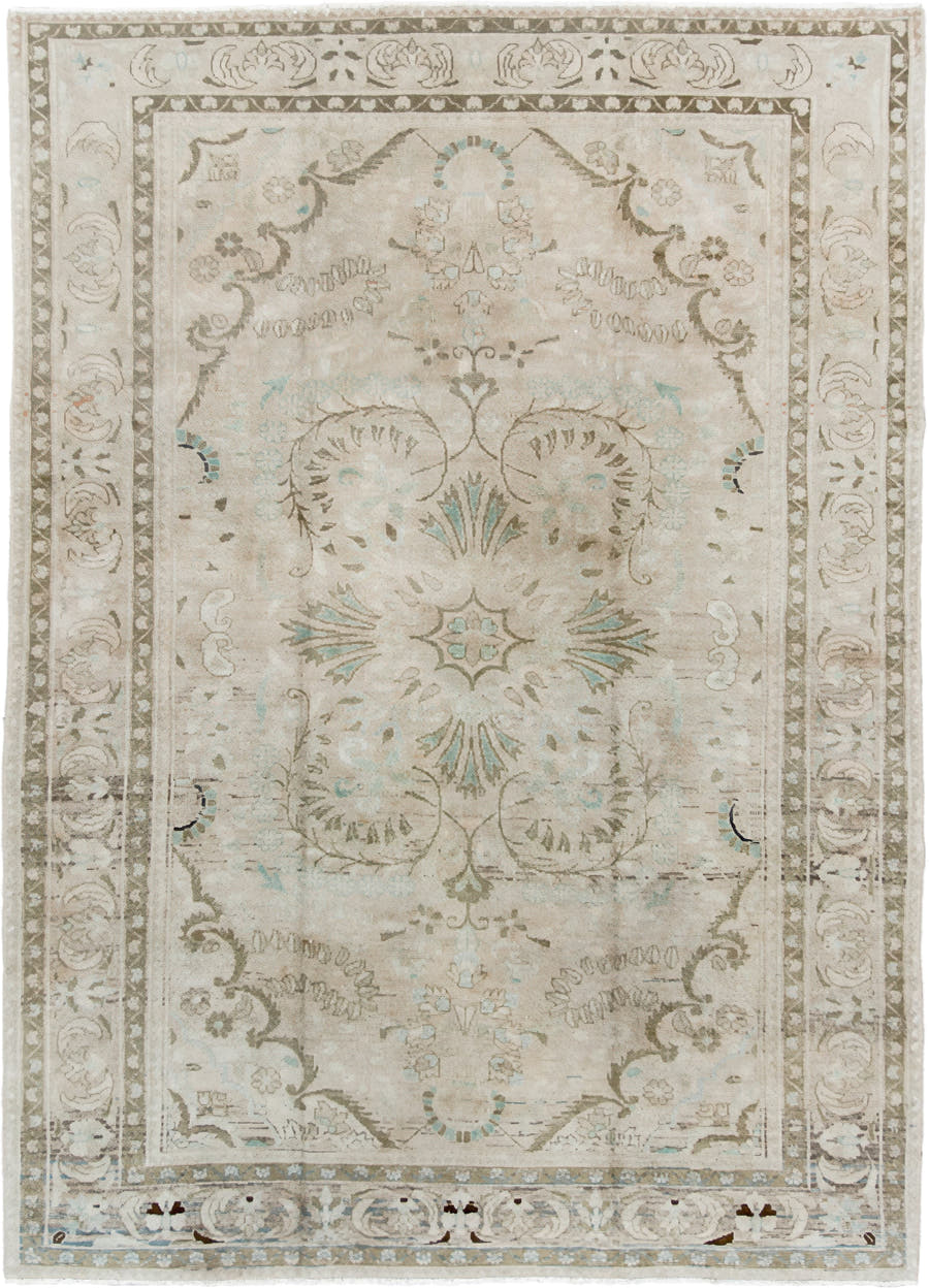 7' x 9' one-of-a-kind handmade vintage Hamadan rug. Color palette: ivory, taupe, sage, pale aqua, cream, beige, charcoal