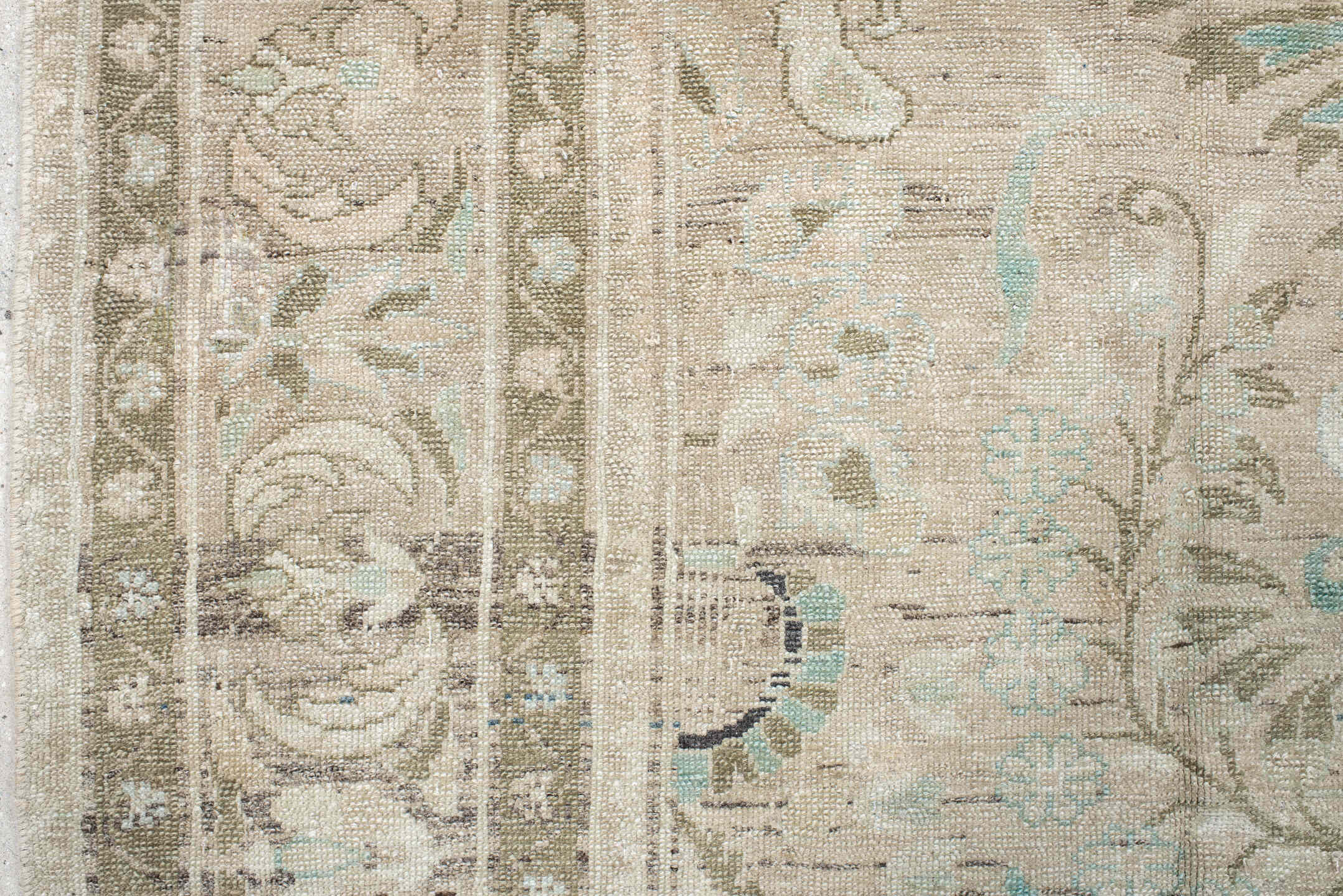 7' x 9' one-of-a-kind handmade vintage Hamadan rug. Color palette: ivory, taupe, sage, pale aqua, cream, beige, charcoal