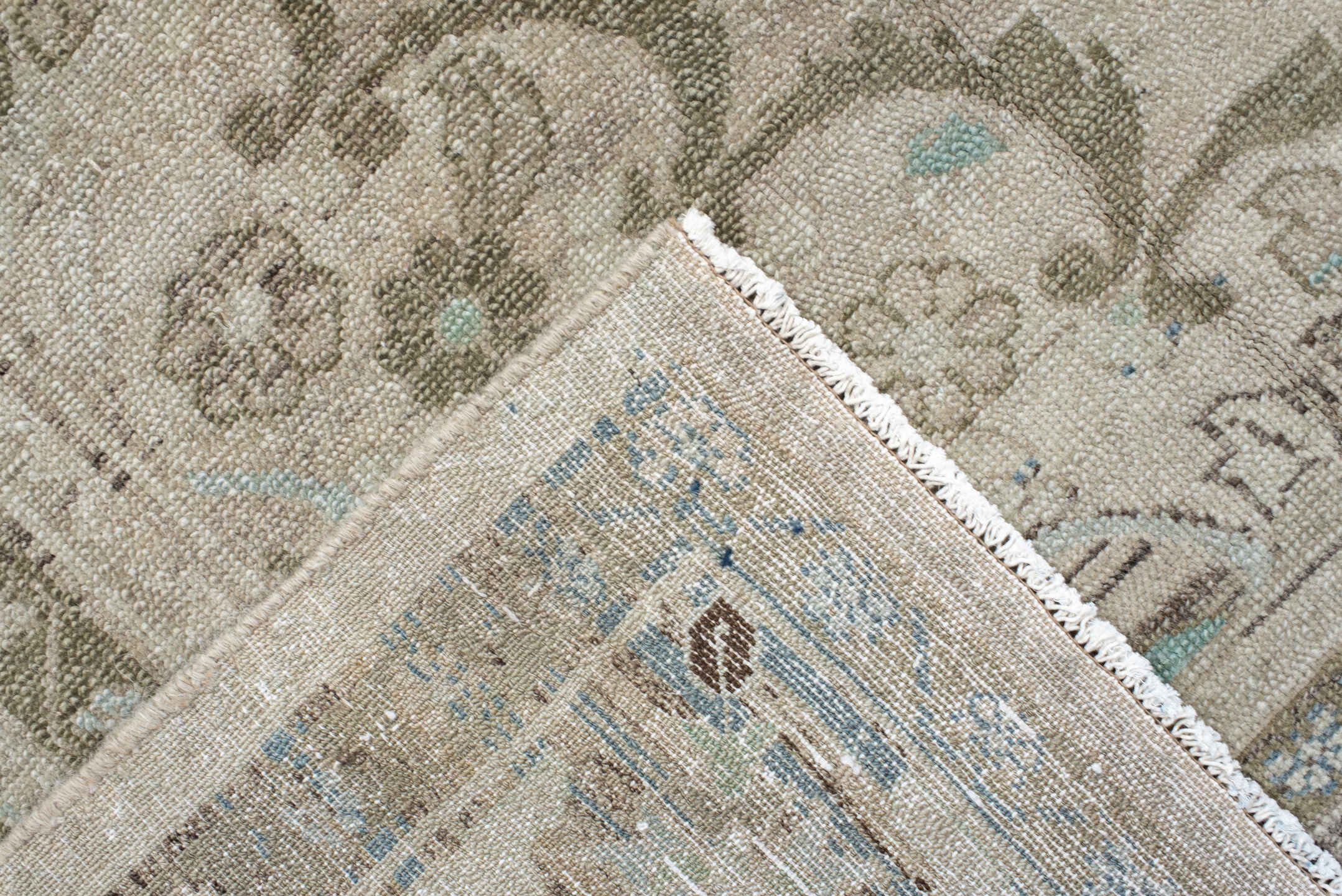 7' x 9' one-of-a-kind handmade vintage Hamadan rug. Color palette: ivory, taupe, sage, pale aqua, cream, beige, charcoal