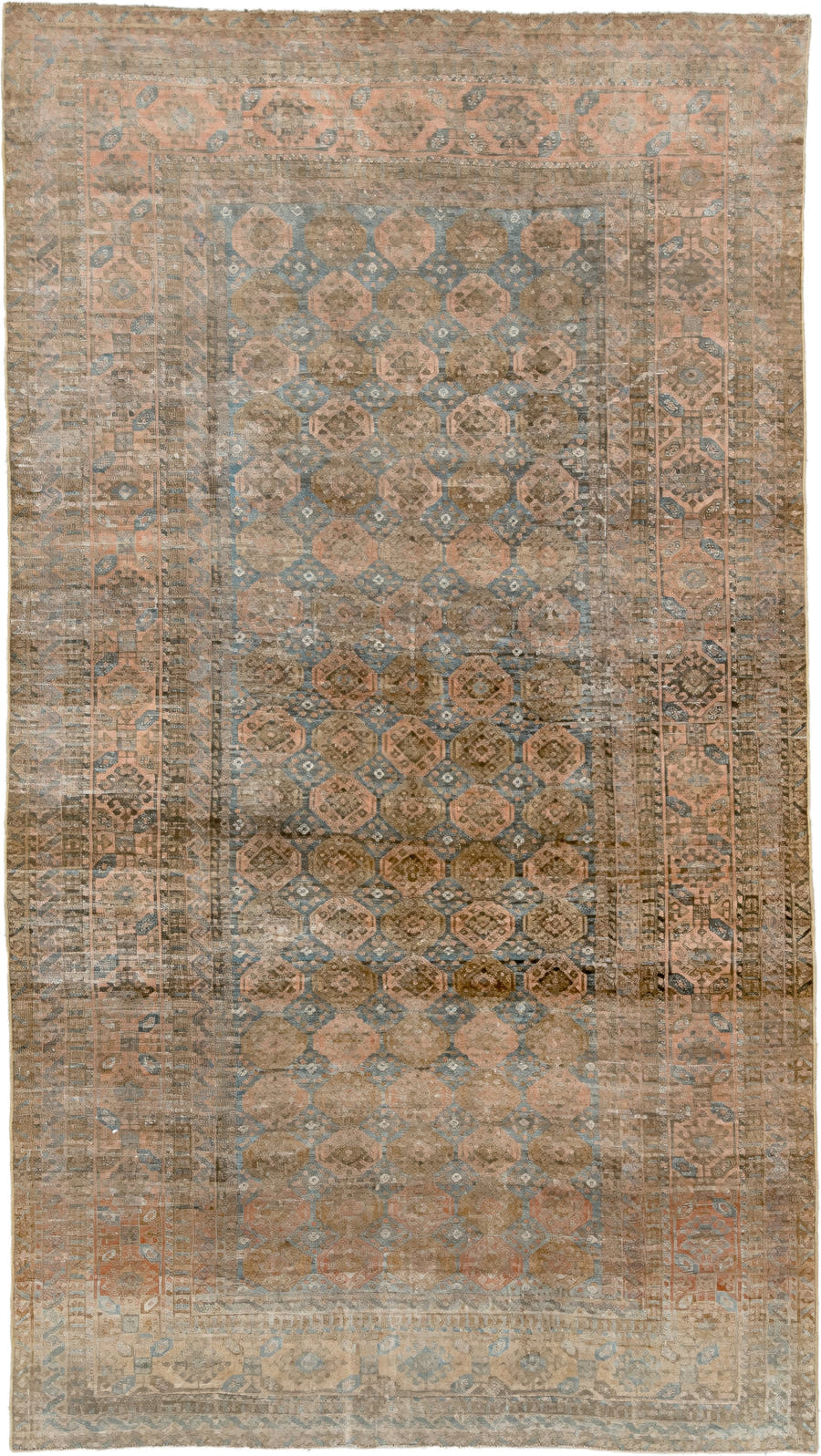 5' x 9' one-of-a-kind handmade antique Belouch medium size rug. Color palette: taupe, camel, dusty blue, beige, brown, ivory
