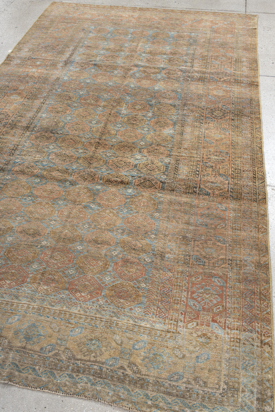 5' x 9' one-of-a-kind handmade antique Belouch medium size rug. Color palette: taupe, camel, dusty blue, beige, brown, ivory