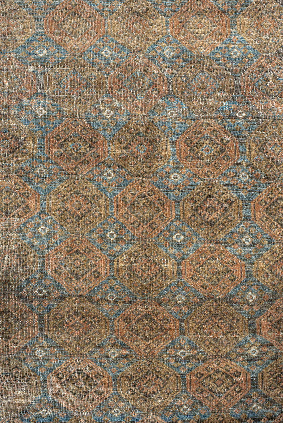 5' x 9' one-of-a-kind handmade antique Belouch medium size rug. Color palette: taupe, camel, dusty blue, beige, brown, ivory