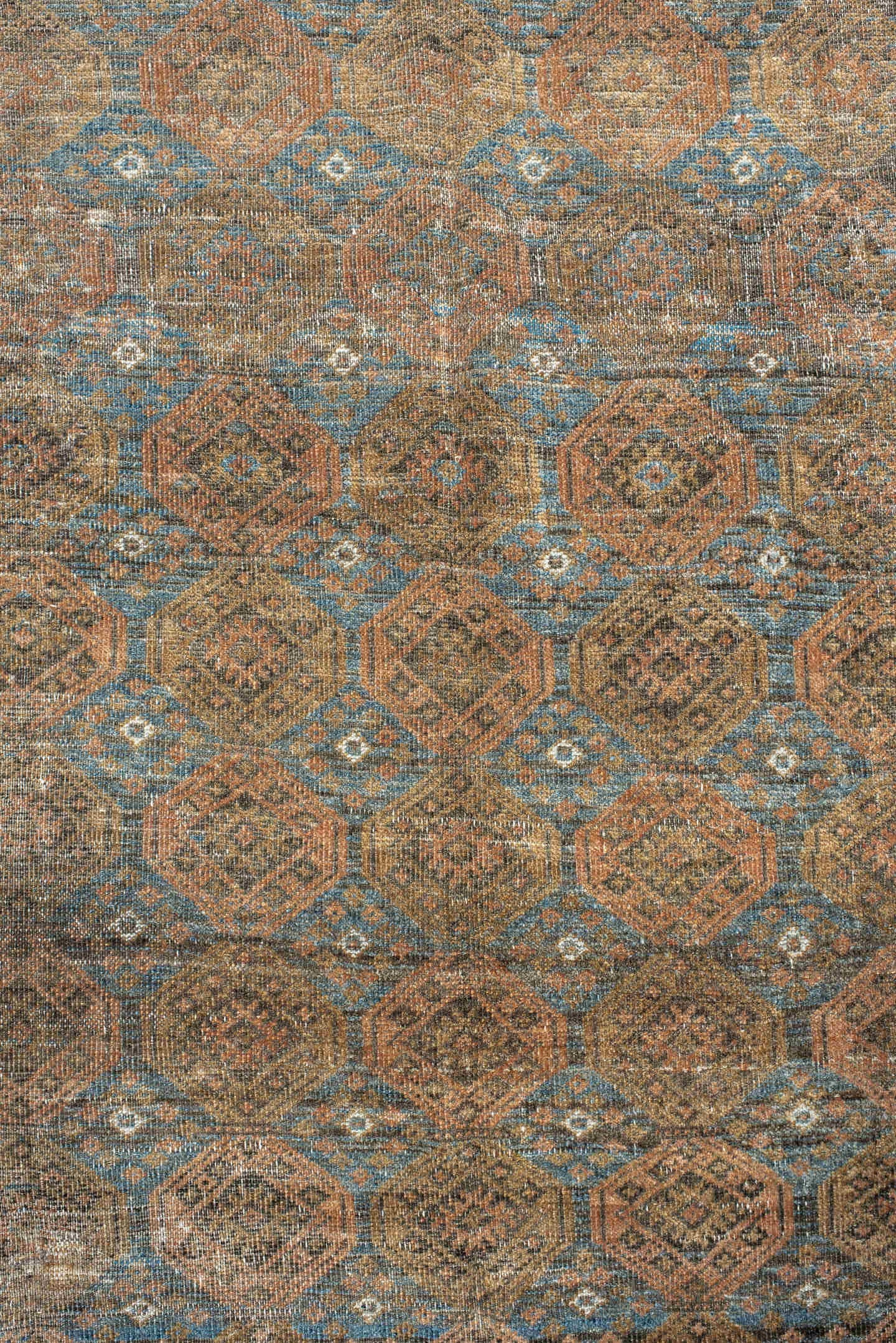5' x 9' one-of-a-kind handmade antique Belouch medium size rug. Color palette: taupe, camel, dusty blue, beige, brown, ivory
