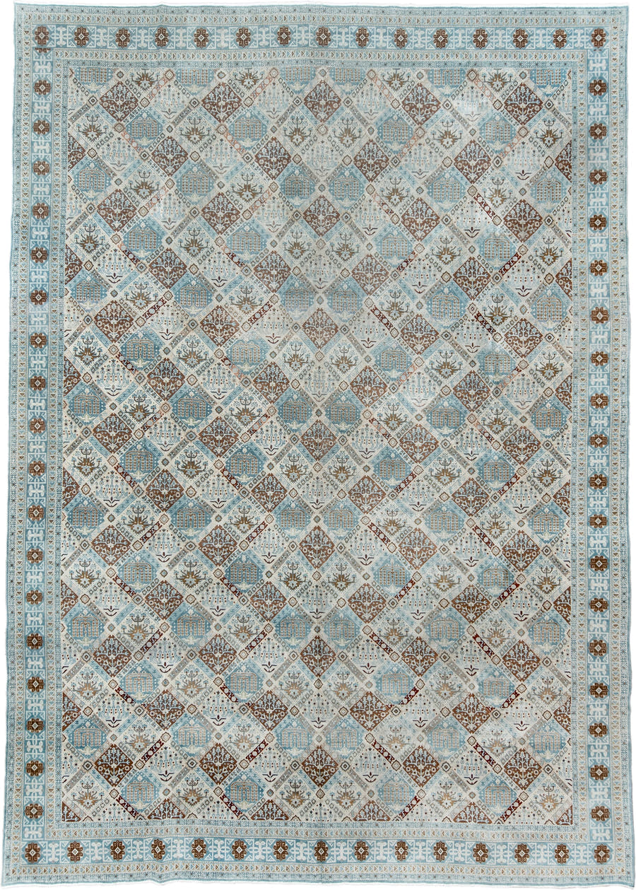 11' x 15' one-of-a-kind handmade vintage Qum oversize rug. Color palette: ivory, sky blue, brown, camel, taupe, rust