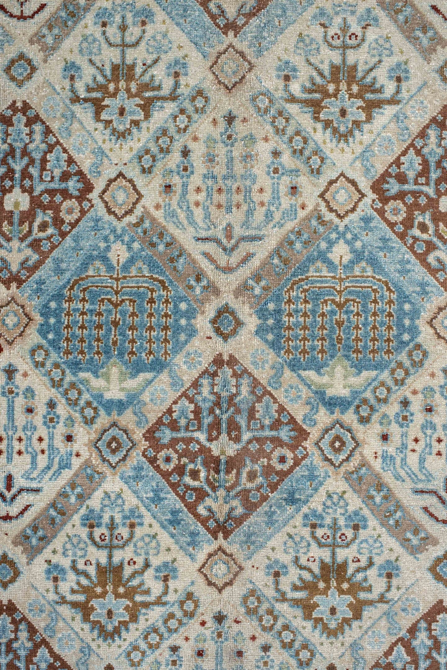 11' x 15' one-of-a-kind handmade vintage Qum oversize rug. Color palette: ivory, sky blue, brown, camel, taupe, rust