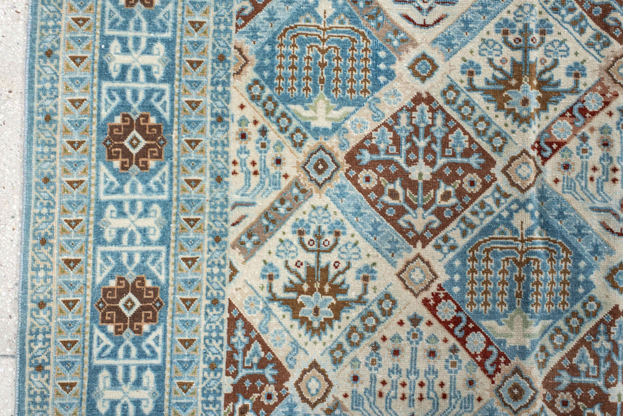 11' x 15' one-of-a-kind handmade vintage Qum oversize rug. Color palette: ivory, sky blue, brown, camel, taupe, rust
