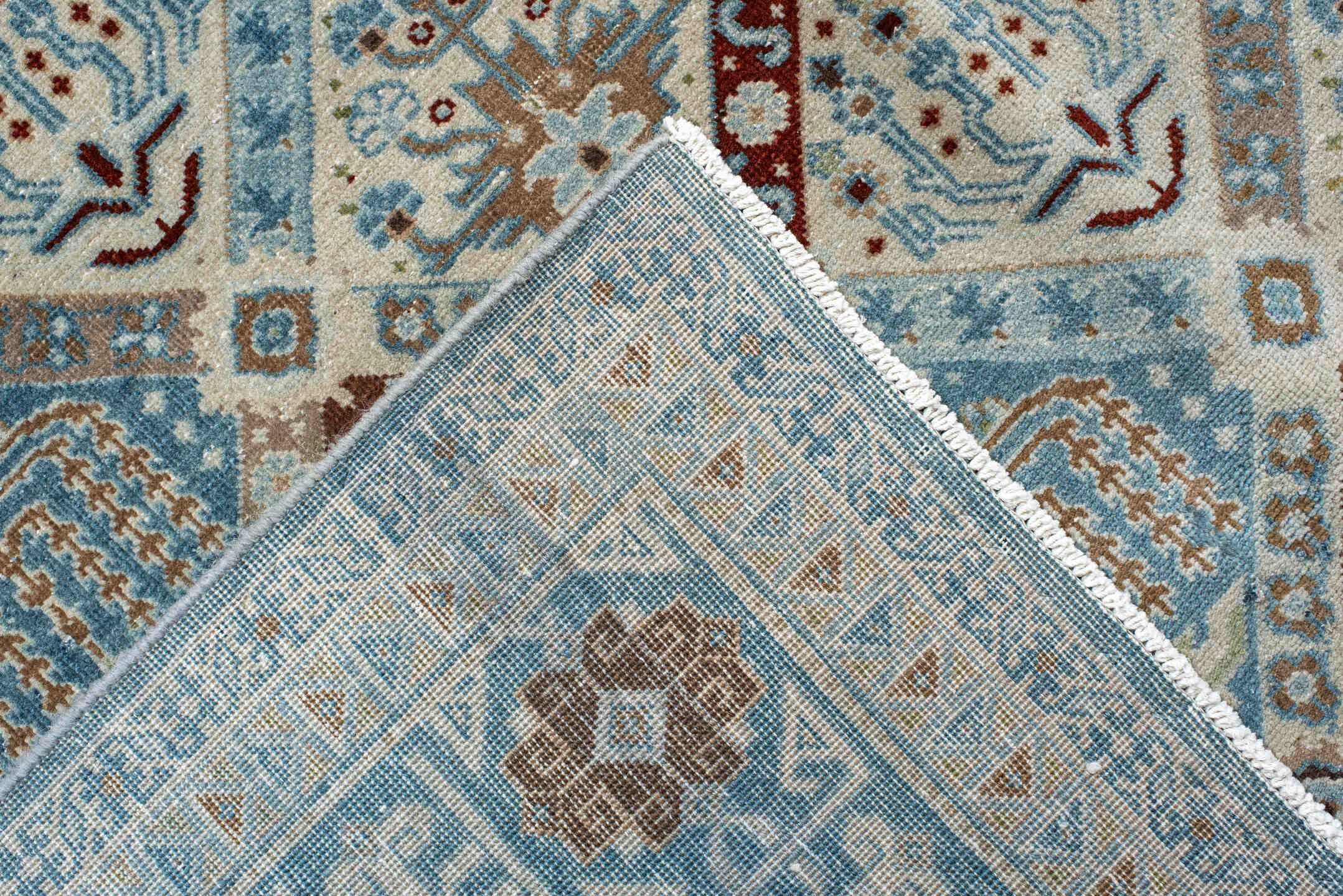 11' x 15' one-of-a-kind handmade vintage Qum oversize rug. Color palette: ivory, sky blue, brown, camel, taupe, rust