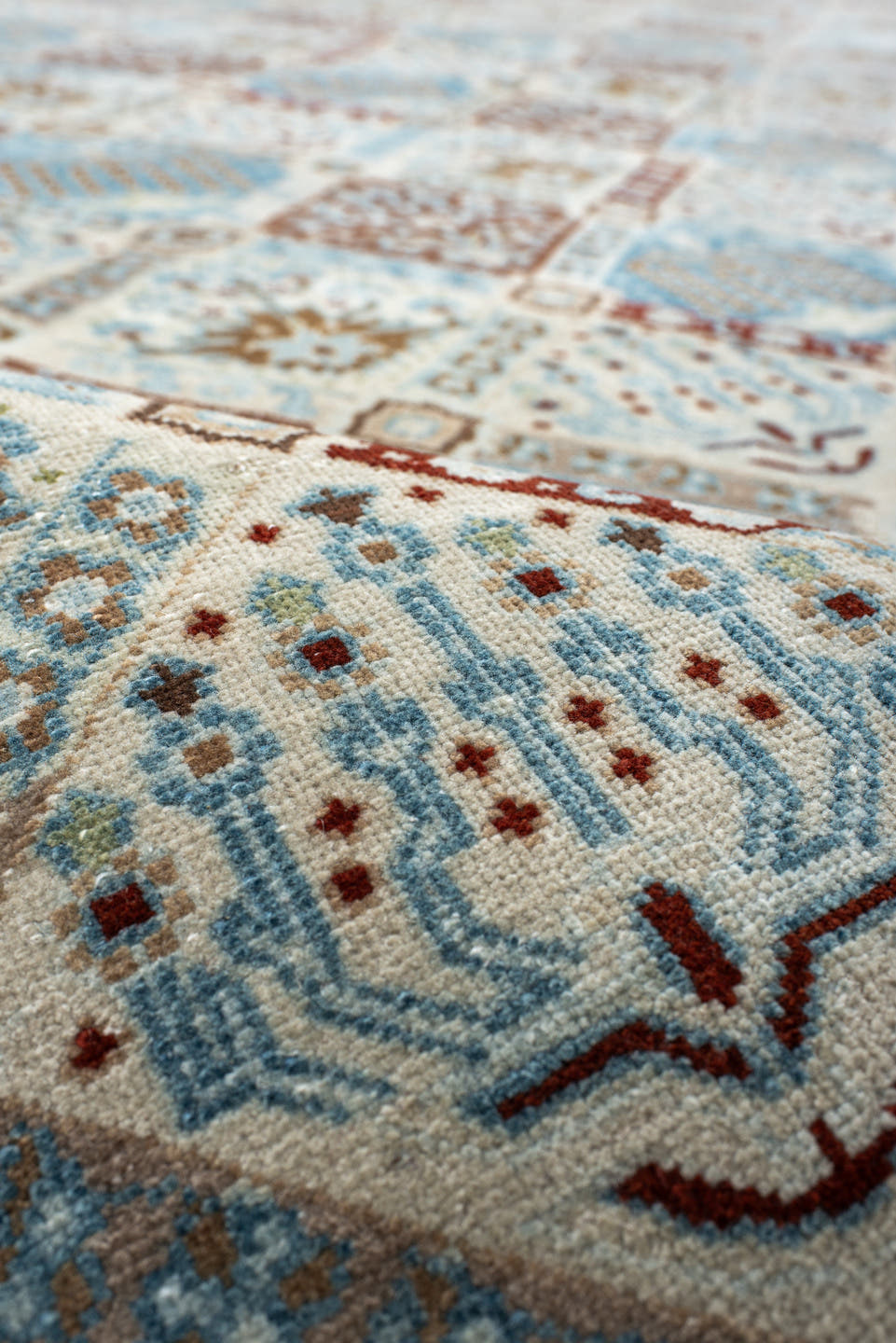 11' x 15' one-of-a-kind handmade vintage Qum oversize rug. Color palette: ivory, sky blue, brown, camel, taupe, rust