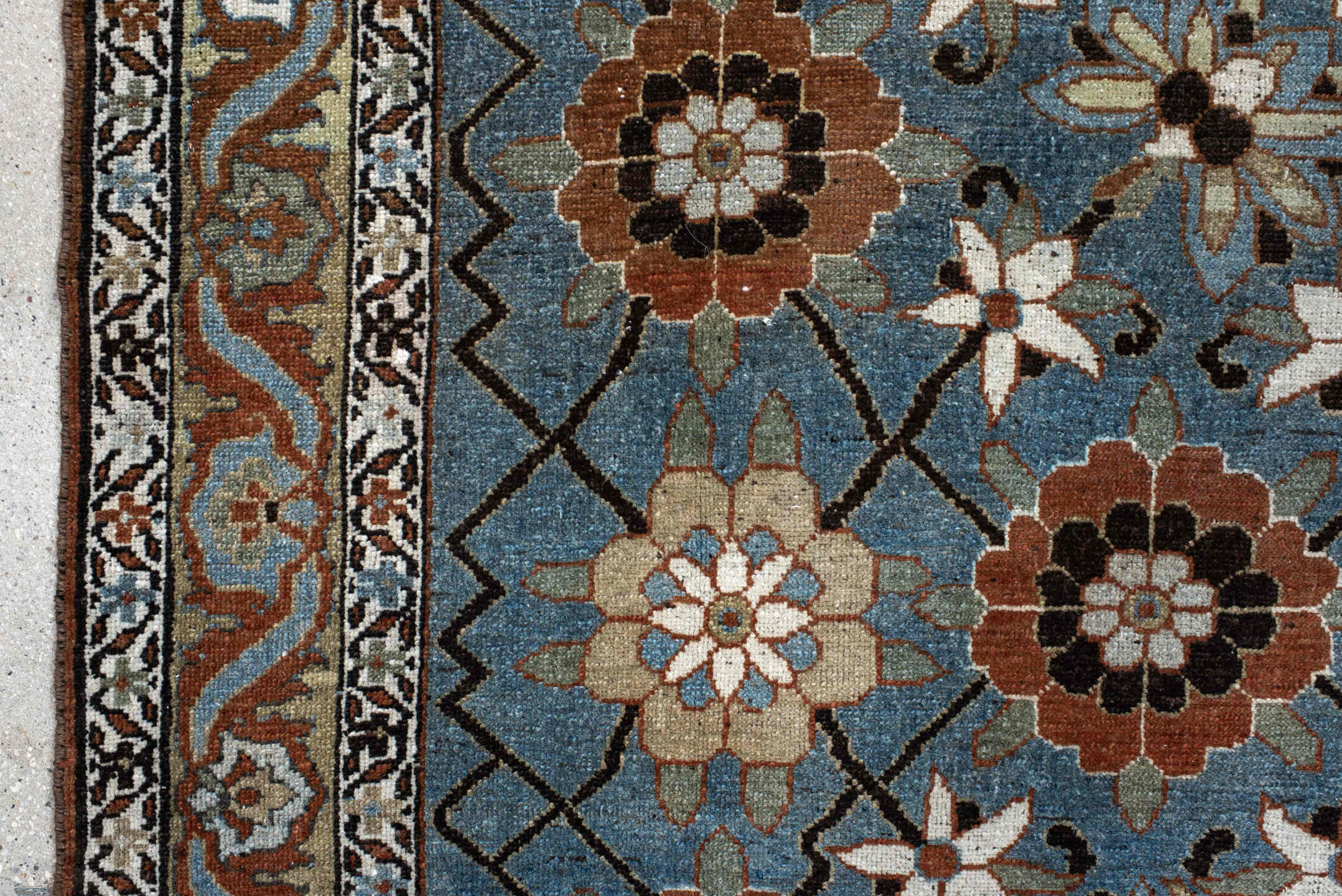 4' x 7' one-of-a-kind handmade vintage Malayer rug. Color palette: black, blue, brown, charcoal, dark gray, gray, light gray