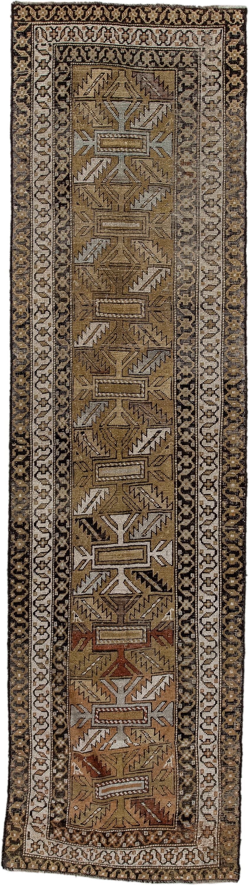 2' x 10' one-of-a-kind handmade antique NW Persian runner rug. Color palette: taupe, ivory, brown, camel, charcoal, rust
