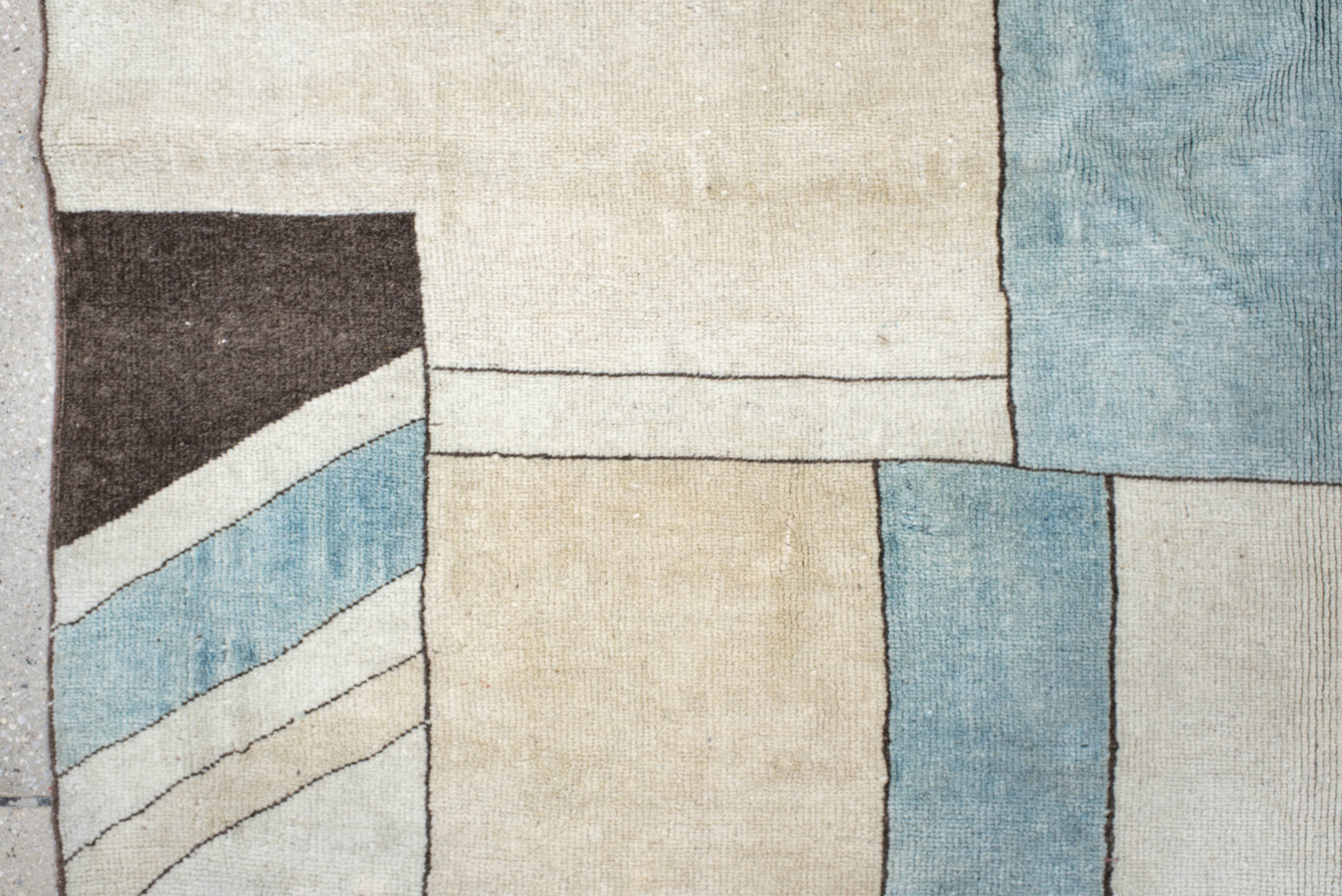 5' x 6' one-of-a-kind handmade vintage Art Deco rug. Color palette: antiquewhite, brown, dark gray, dim gray, gray