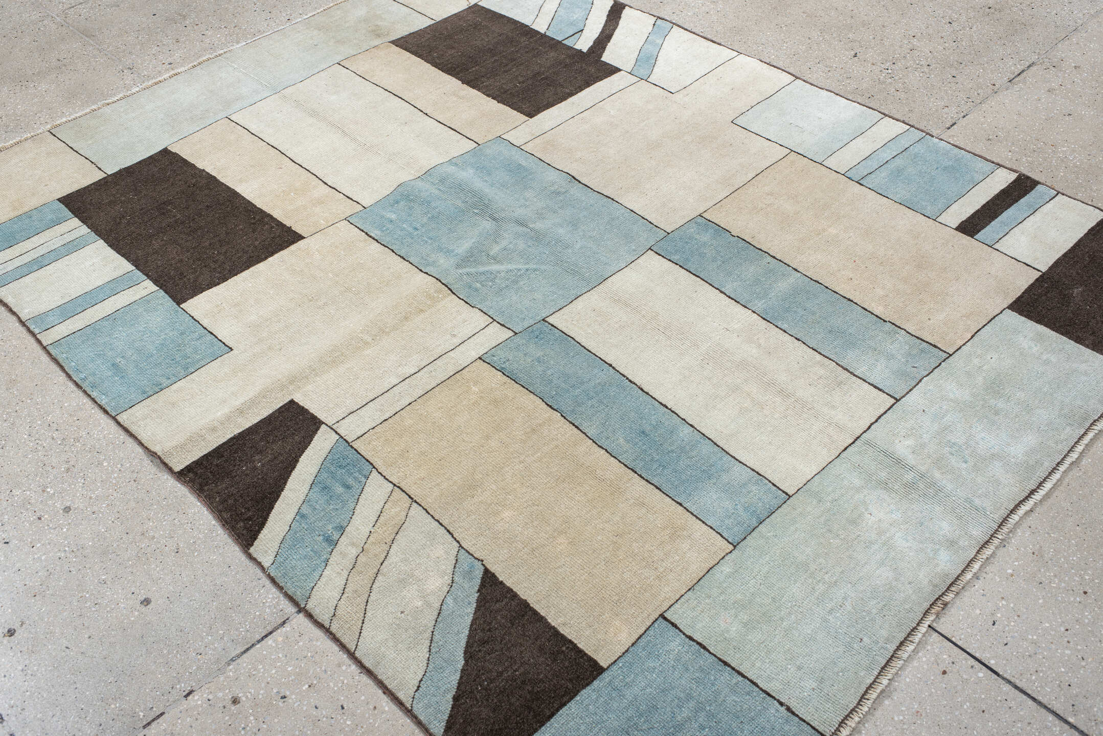5' x 6' one-of-a-kind handmade vintage Art Deco rug. Color palette: antiquewhite, brown, dark gray, dim gray, gray