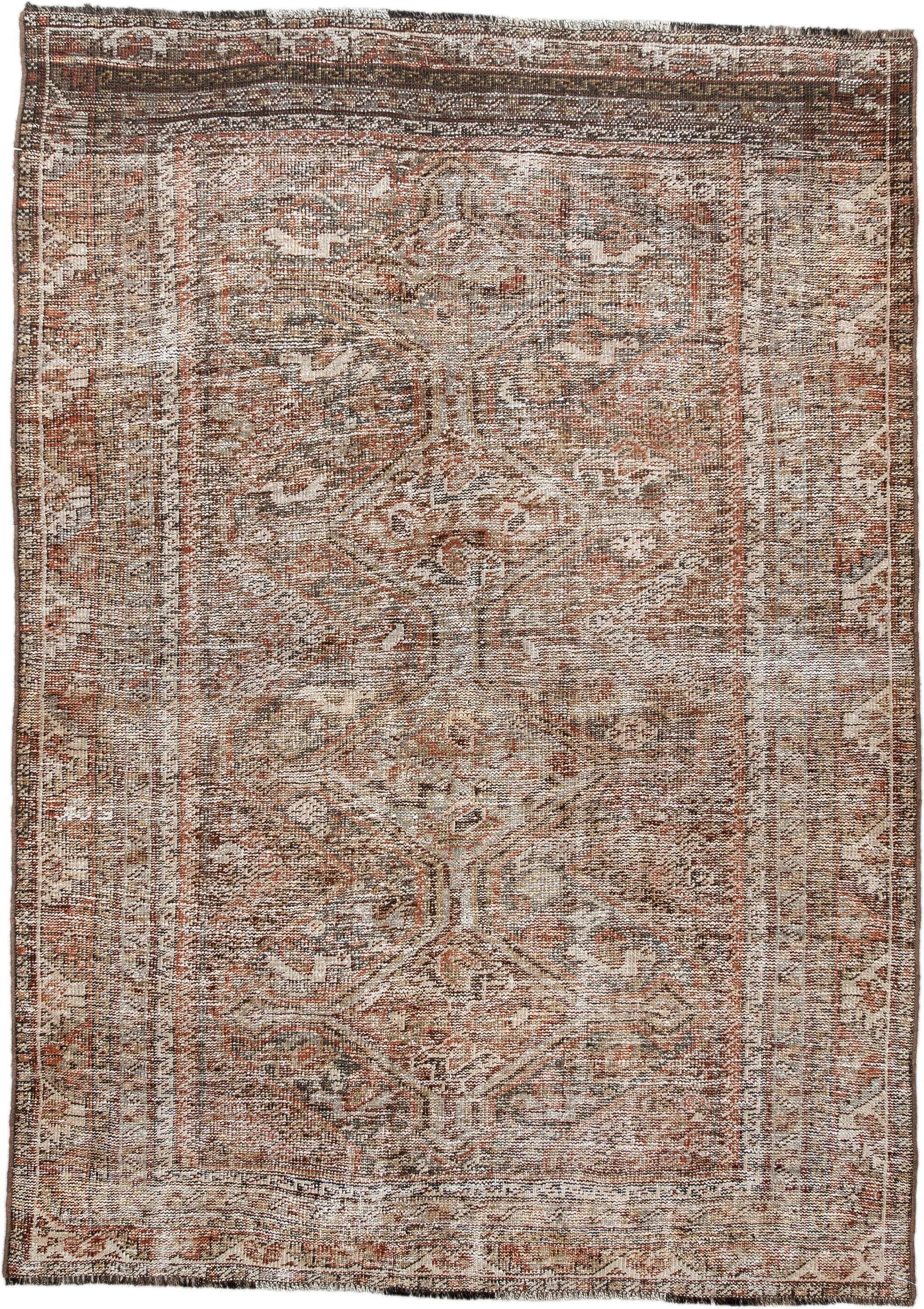 4' x 6' one-of-a-kind handmade antique Shiraz small size rug. Color palette: ivory, taupe, rust, brown, camel, charcoal
