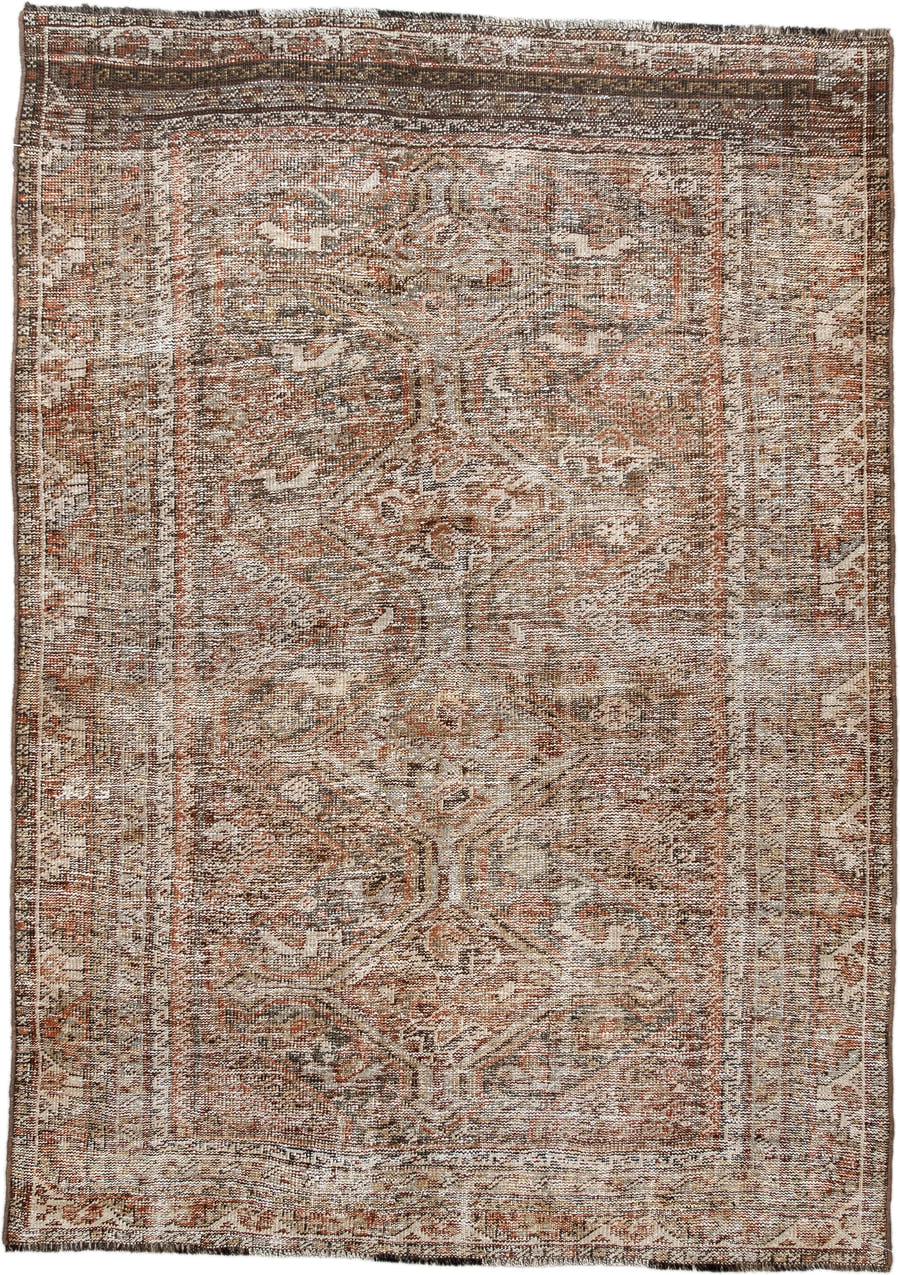 4' x 6' one-of-a-kind handmade antique Shiraz small size rug. Color palette: ivory, taupe, rust, brown, camel, charcoal