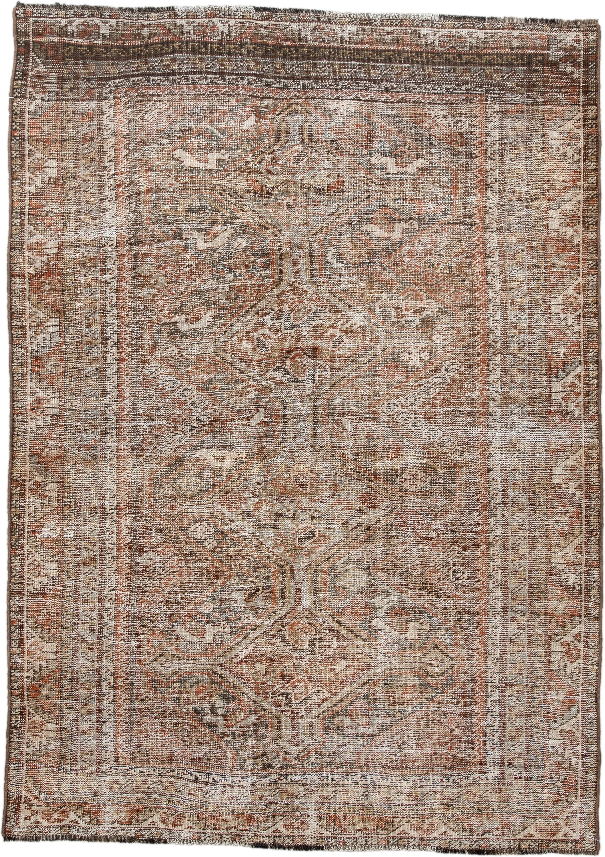 4' x 6' one-of-a-kind handmade antique Shiraz small size rug. Color palette: ivory, taupe, rust, brown, camel, charcoal
