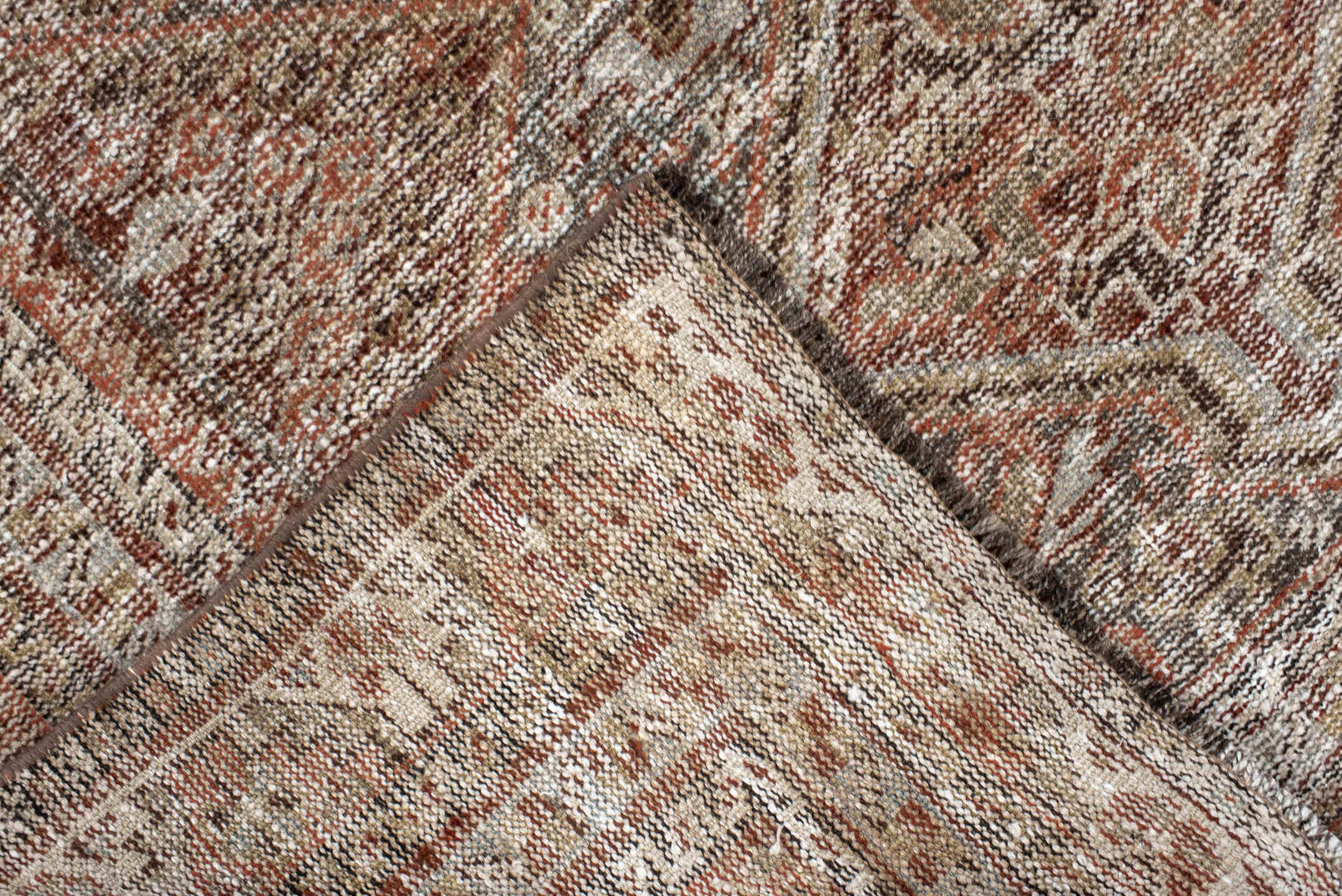 4' x 6' one-of-a-kind handmade antique Shiraz small size rug. Color palette: ivory, taupe, rust, brown, camel, charcoal