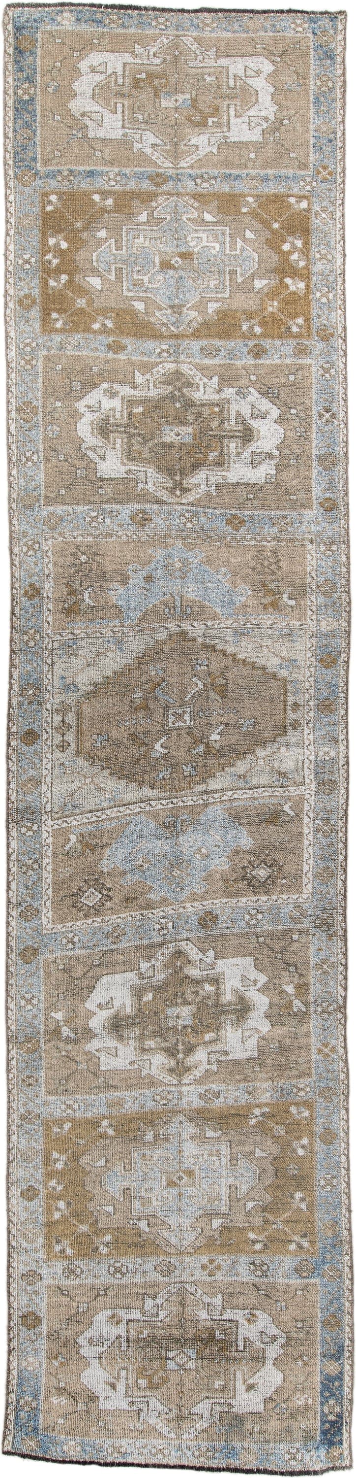 3' x 14' one-of-a-kind handmade antique Anatolian runner rug. Color palette: taupe, ivory, camel, pale blue, beige, brown