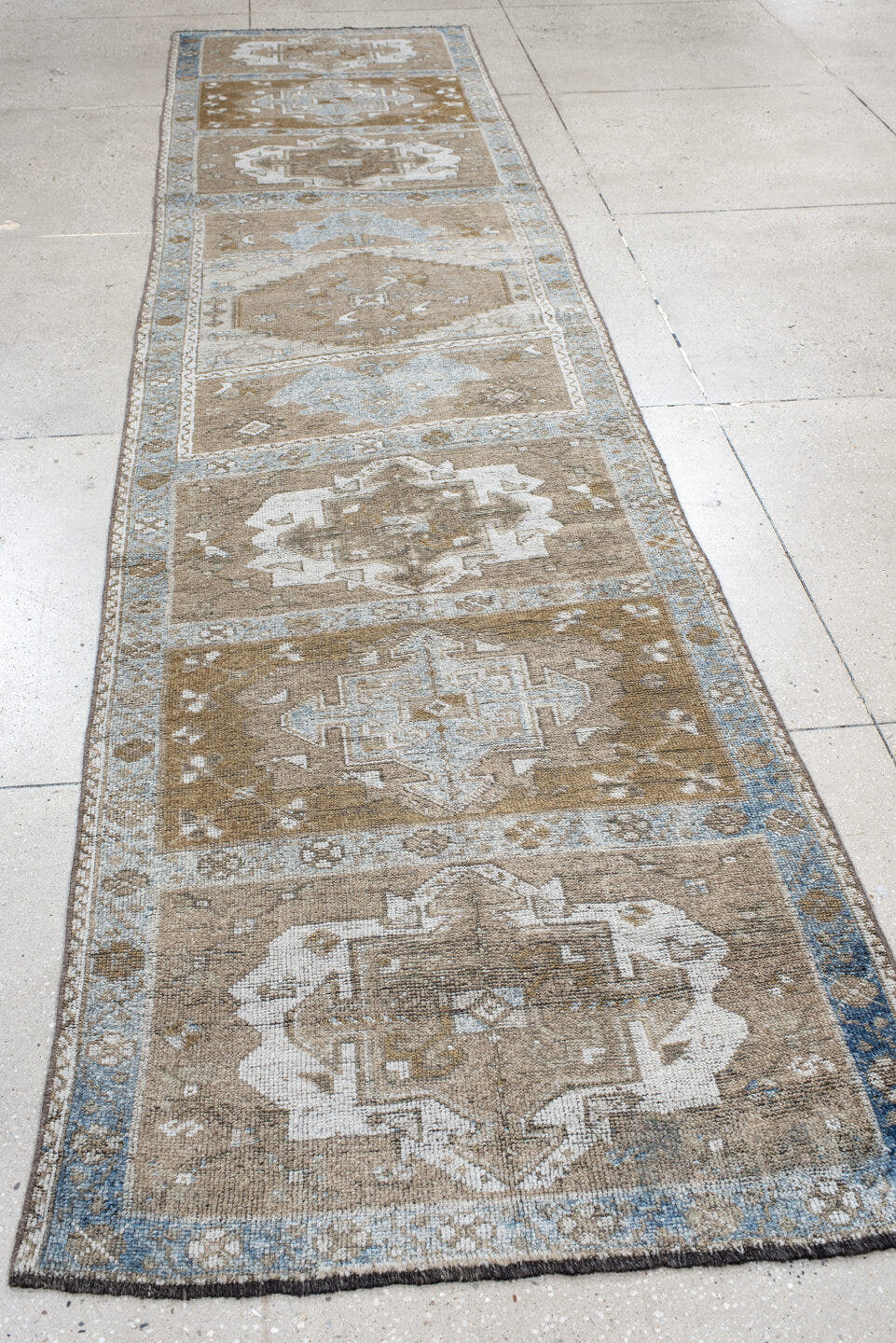 3' x 14' one-of-a-kind handmade antique Anatolian runner rug. Color palette: taupe, ivory, camel, pale blue, beige, brown