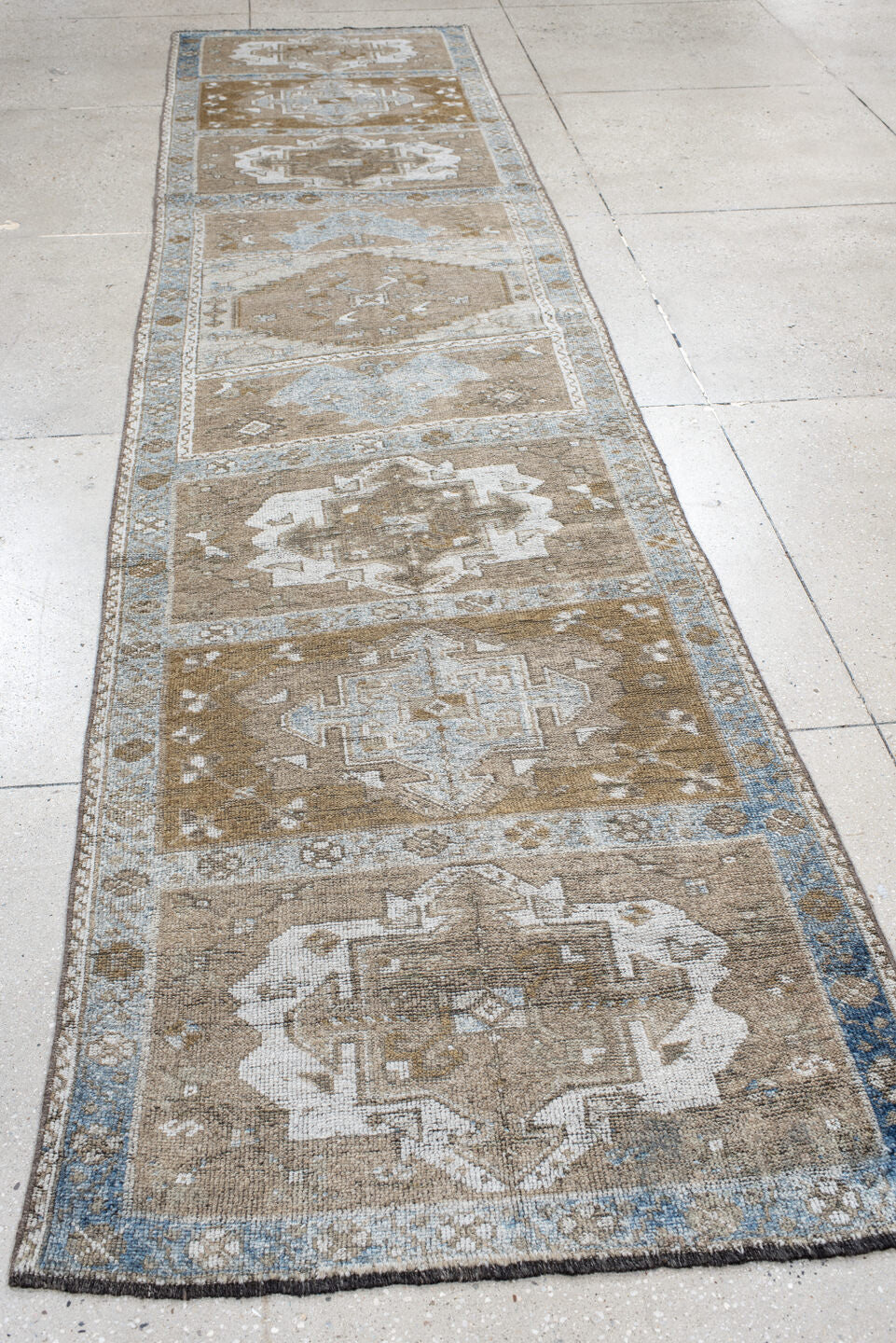 3' x 14' one-of-a-kind handmade antique Anatolian runner rug. Color palette: taupe, ivory, camel, pale blue, beige, brown
