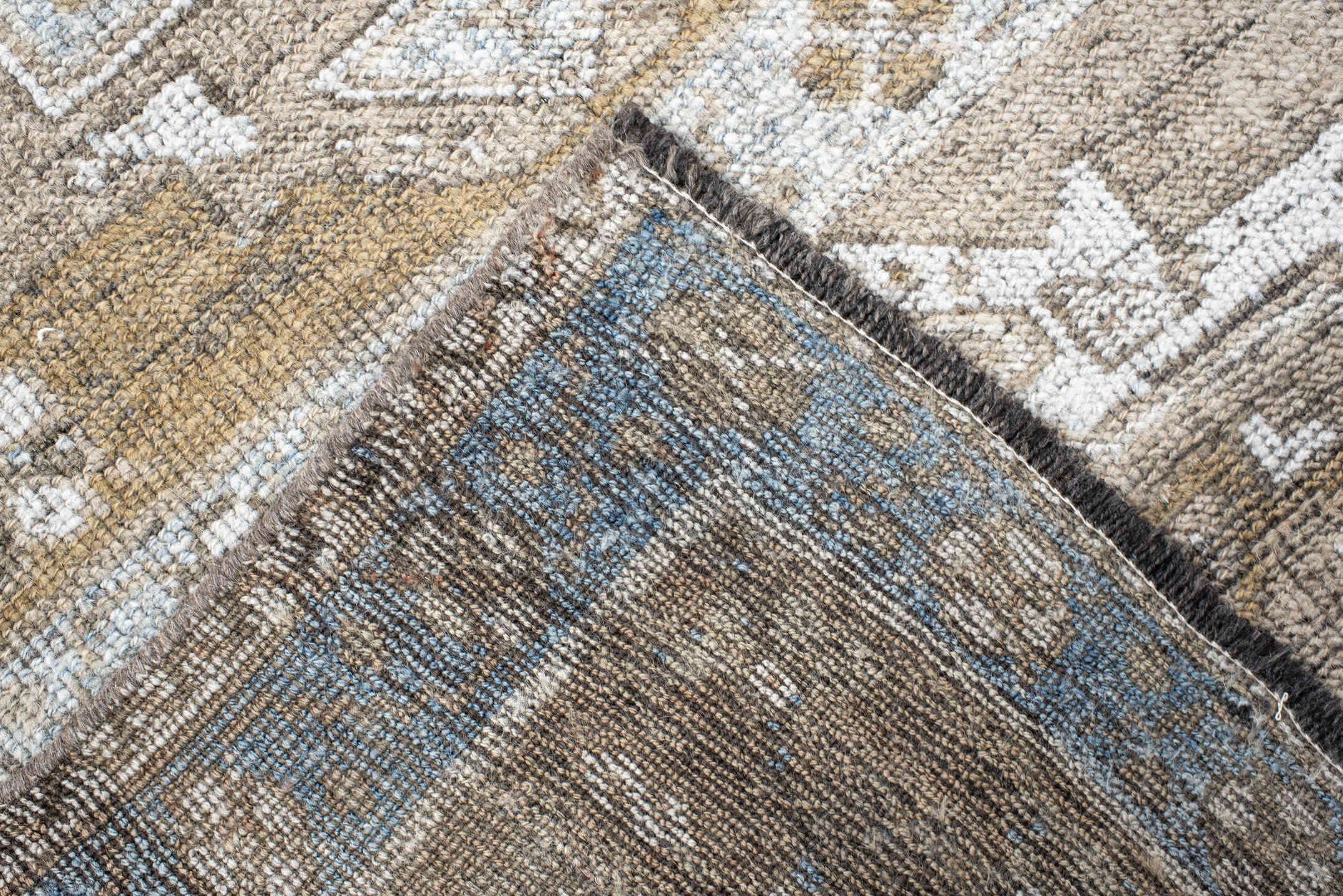 3' x 14' one-of-a-kind handmade antique Anatolian runner rug. Color palette: taupe, ivory, camel, pale blue, beige, brown