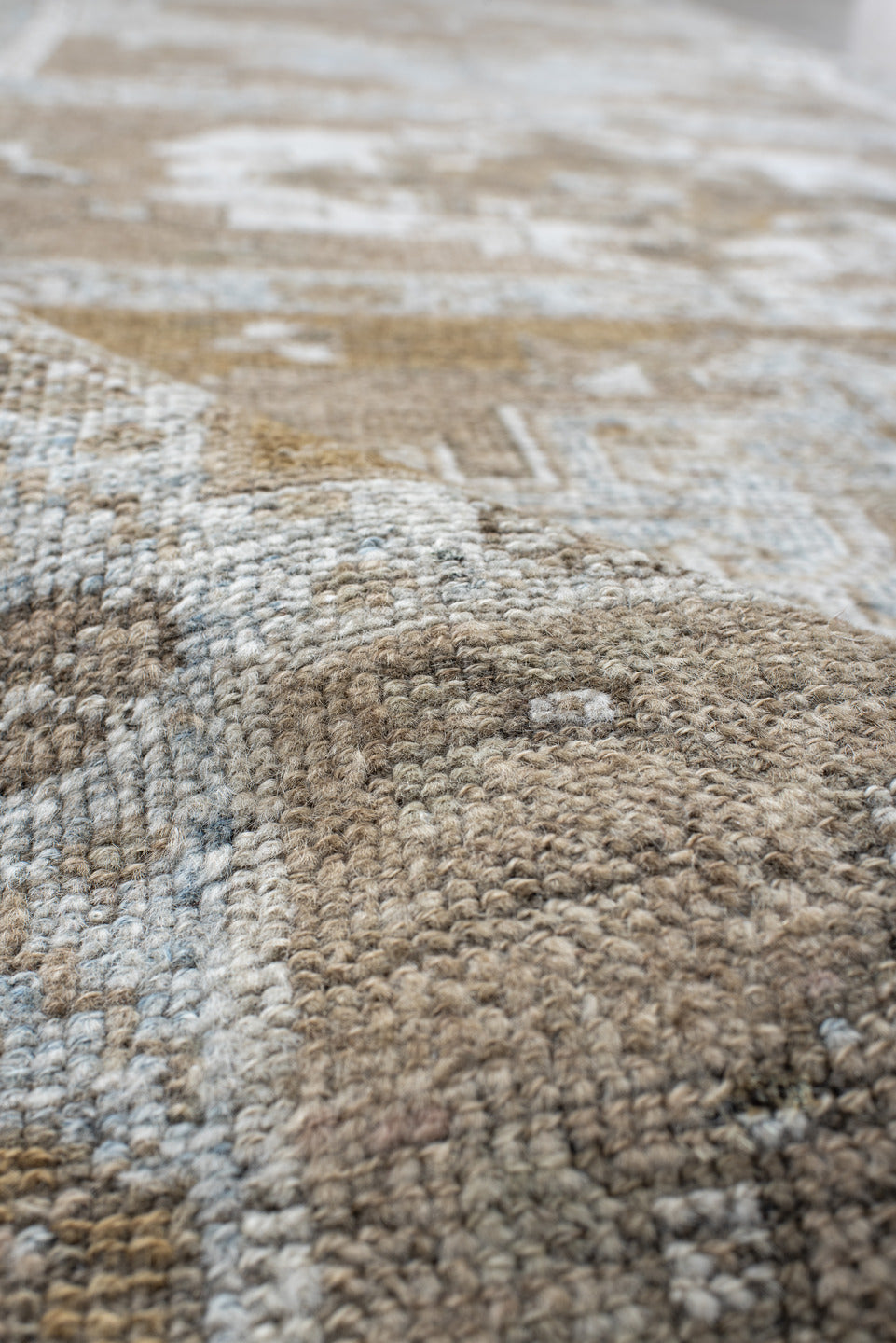 3' x 14' one-of-a-kind handmade antique Anatolian runner rug. Color palette: taupe, ivory, camel, pale blue, beige, brown
