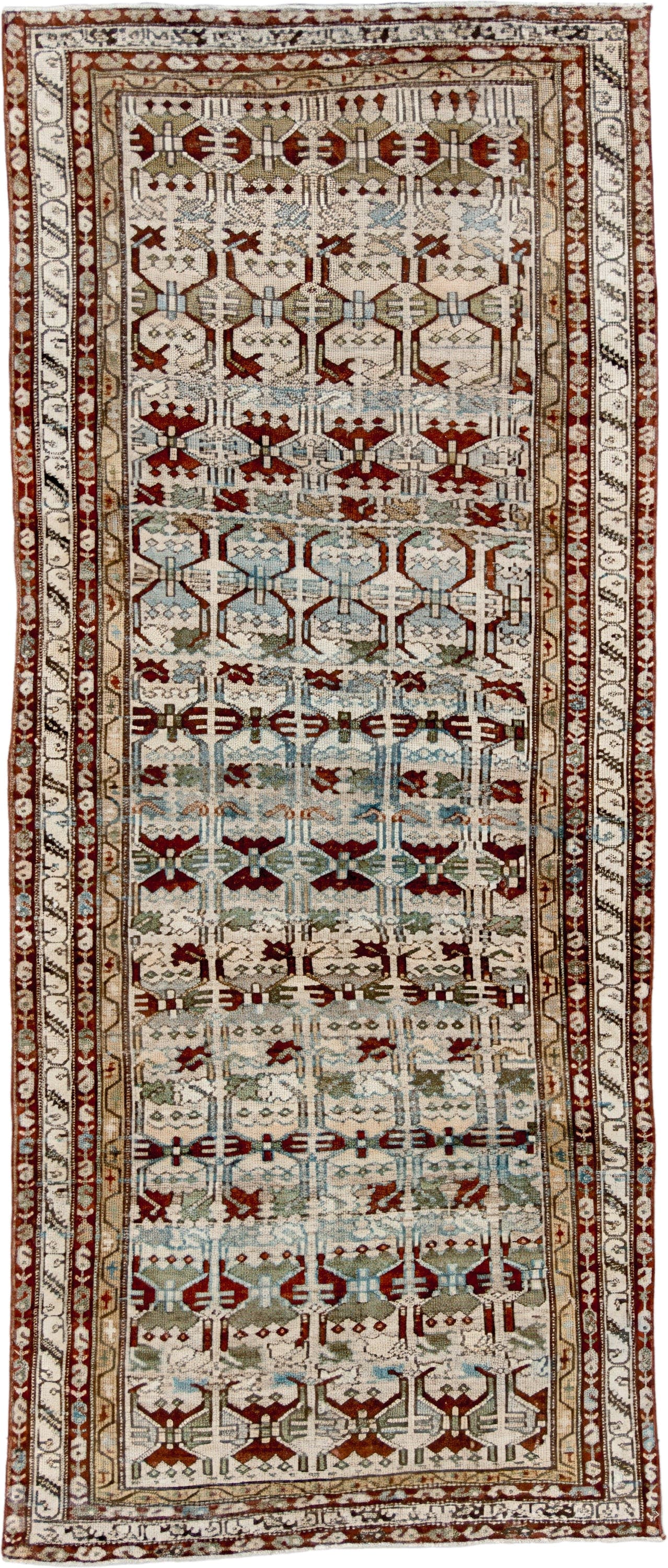 4' x 10' one-of-a-kind handmade vintage NW Persian runner rug. Color palette: ivory, rust, sky_blue, sage, taupe, brown