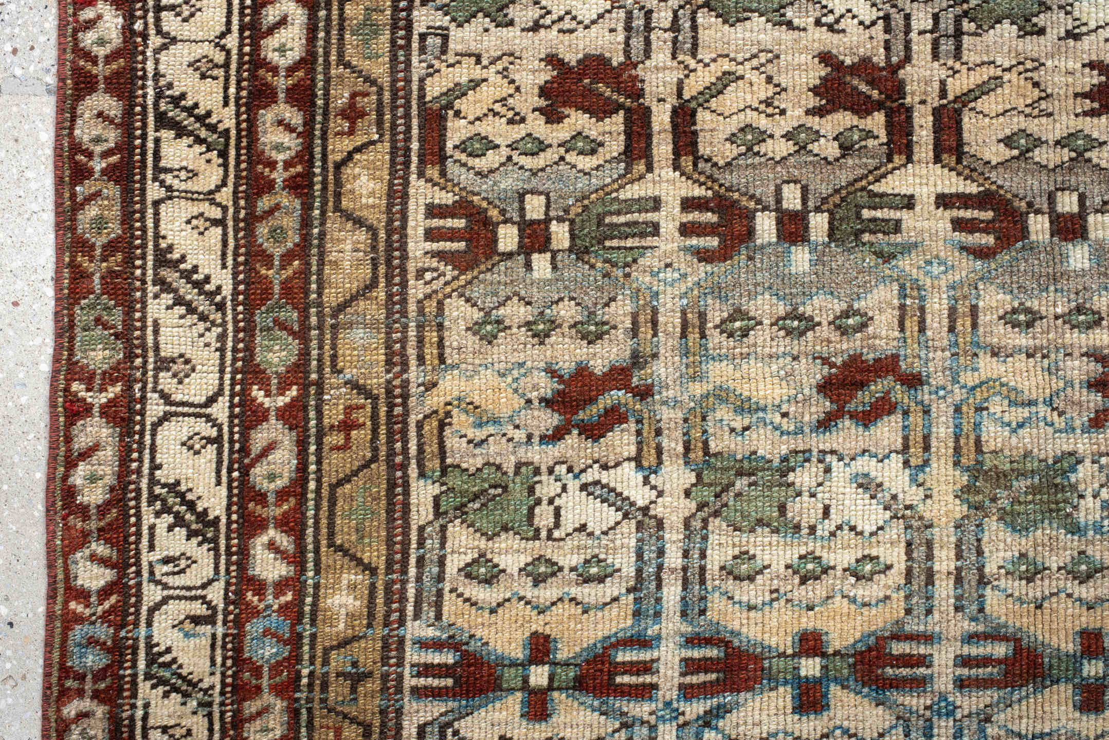 4' x 10' one-of-a-kind handmade vintage NW Persian runner rug. Color palette: ivory, rust, sky_blue, sage, taupe, brown