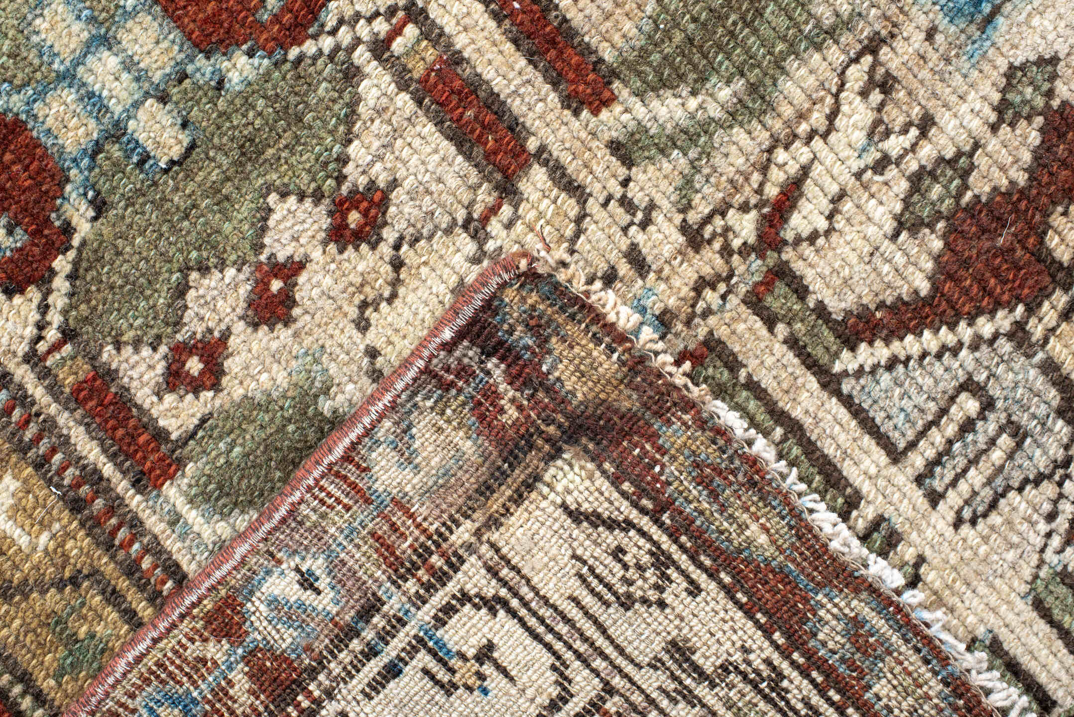 4' x 10' one-of-a-kind handmade vintage NW Persian runner rug. Color palette: ivory, rust, sky_blue, sage, taupe, brown