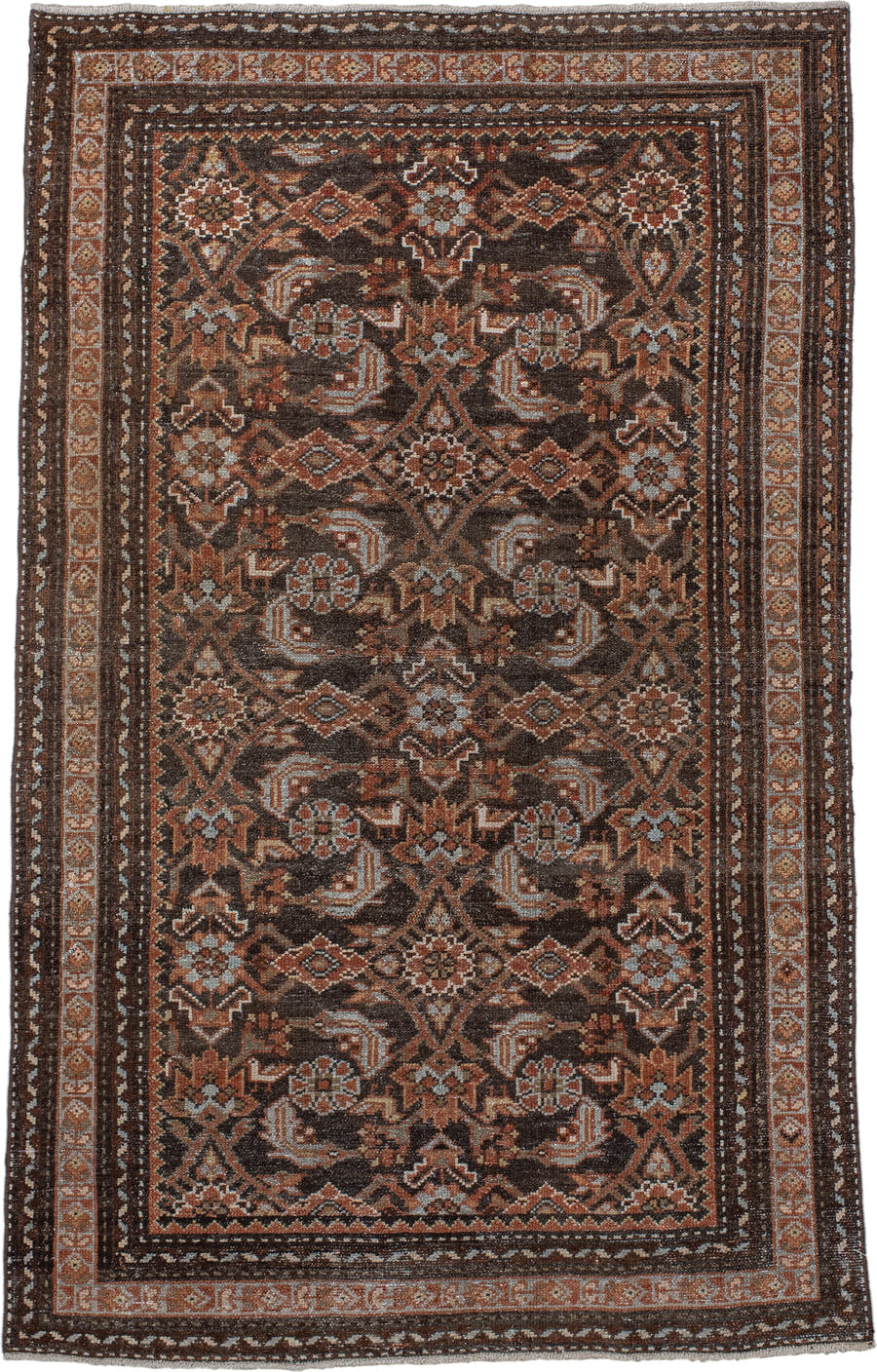 4' x 6' one-of-a-kind handmade antique Malayer small size rug. Color palette: brown, rust, ivory, camel, pale blue, taupe
