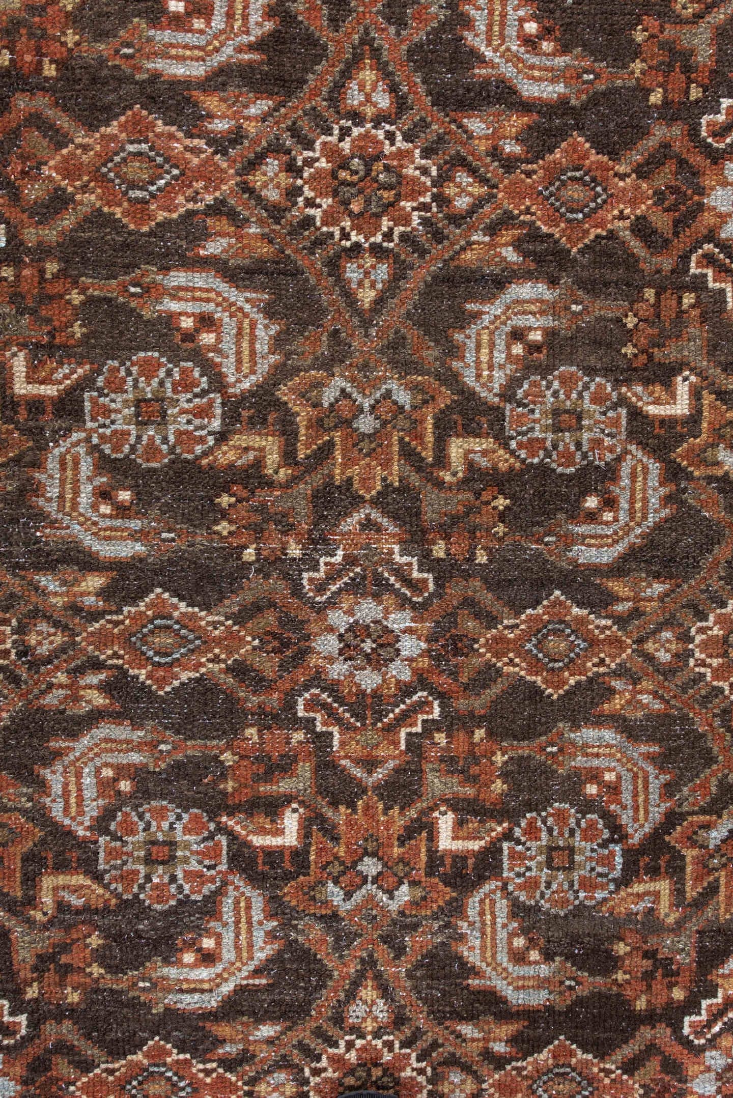 4' x 6' one-of-a-kind handmade antique Malayer small size rug. Color palette: brown, rust, ivory, camel, pale blue, taupe