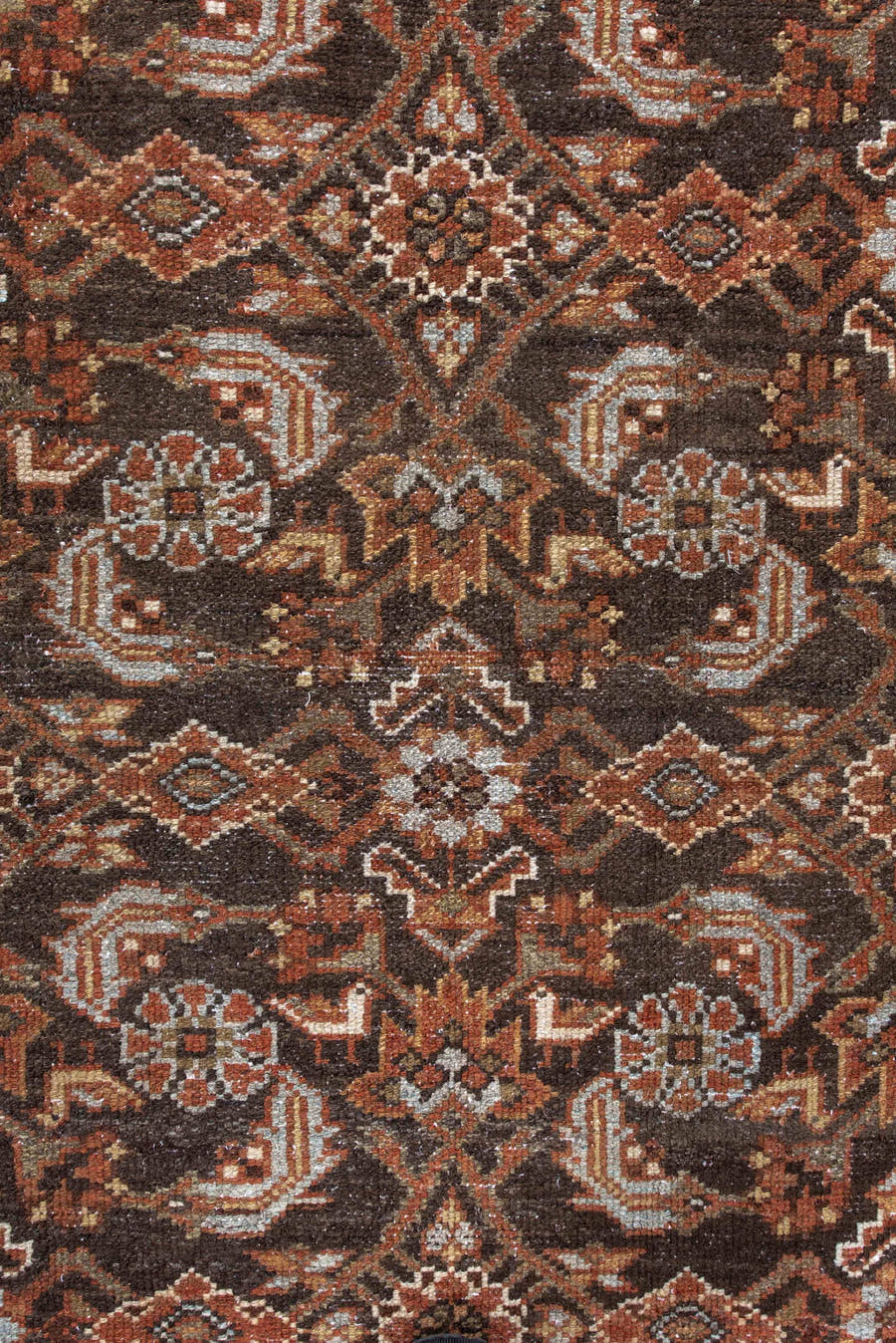 4' x 6' one-of-a-kind handmade antique Malayer small size rug. Color palette: brown, rust, ivory, camel, pale blue, taupe