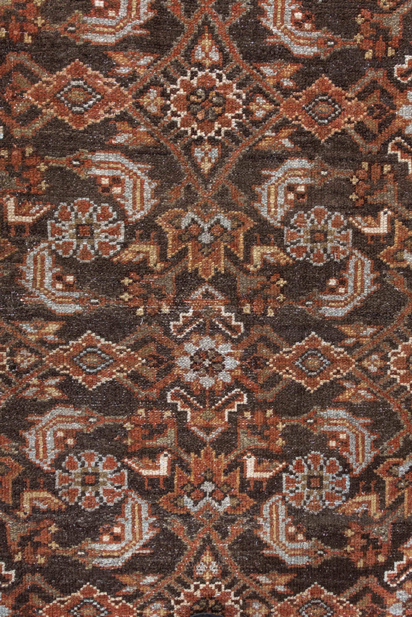 4' x 6' one-of-a-kind handmade antique Malayer small size rug. Color palette: brown, rust, ivory, camel, pale blue, taupe