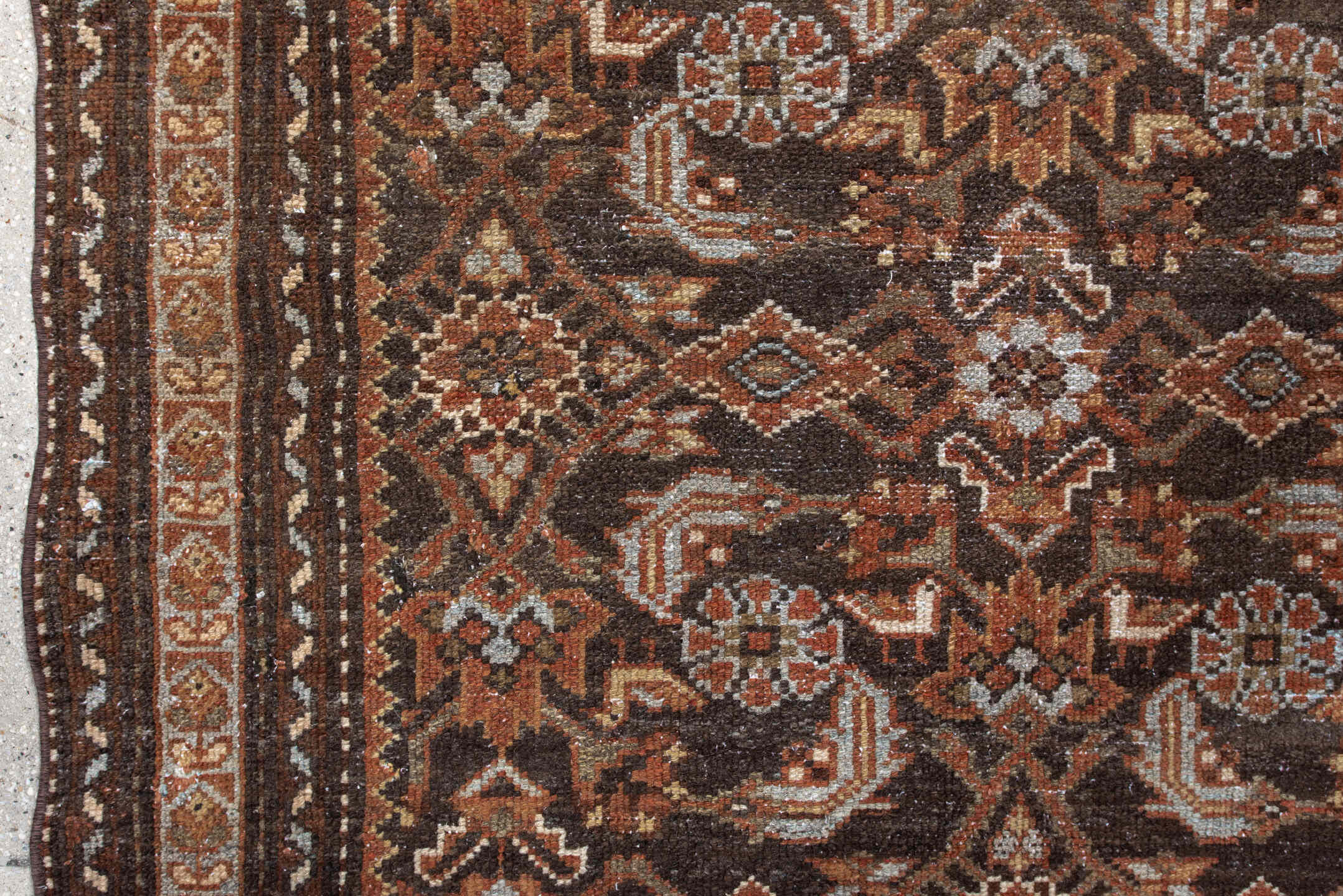 4' x 6' one-of-a-kind handmade antique Malayer small size rug. Color palette: brown, rust, ivory, camel, pale blue, taupe