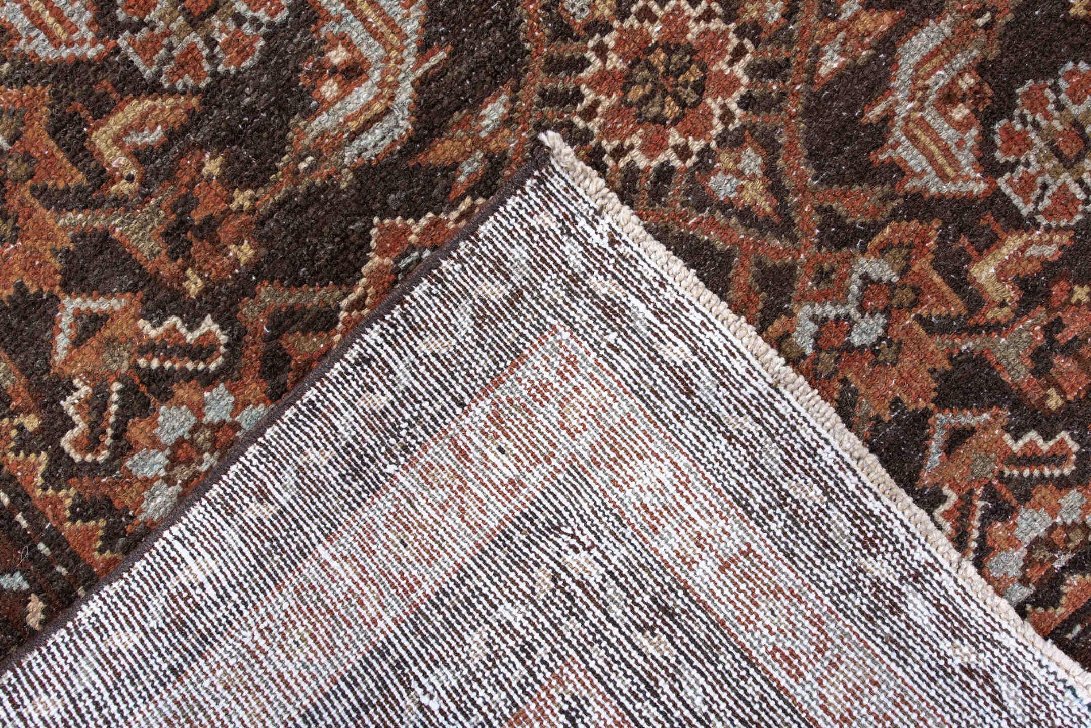 4' x 6' one-of-a-kind handmade antique Malayer small size rug. Color palette: brown, rust, ivory, camel, pale blue, taupe