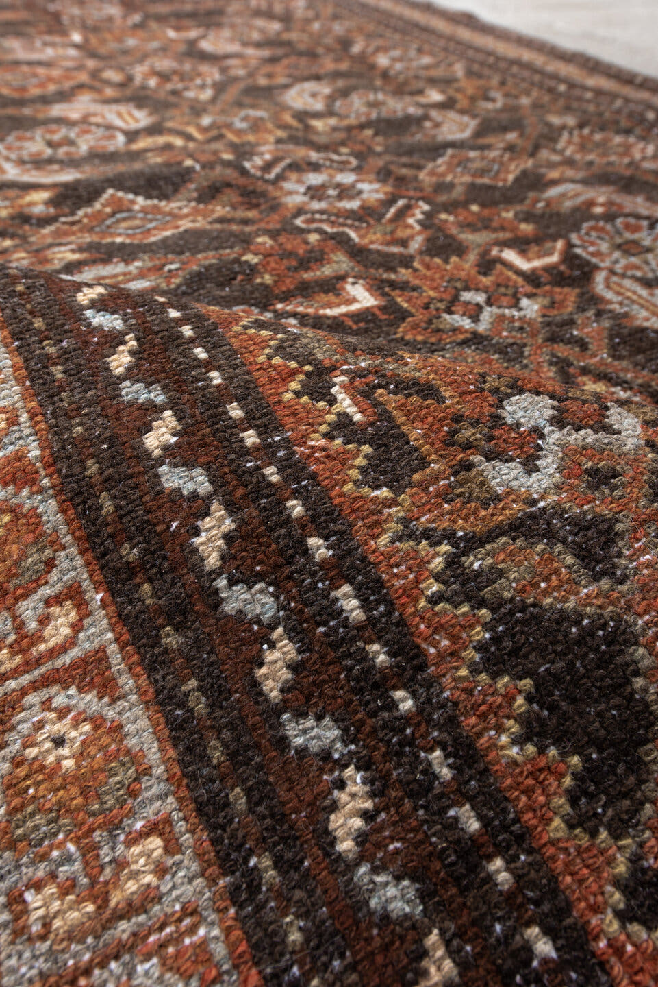 4' x 6' one-of-a-kind handmade antique Malayer small size rug. Color palette: brown, rust, ivory, camel, pale blue, taupe