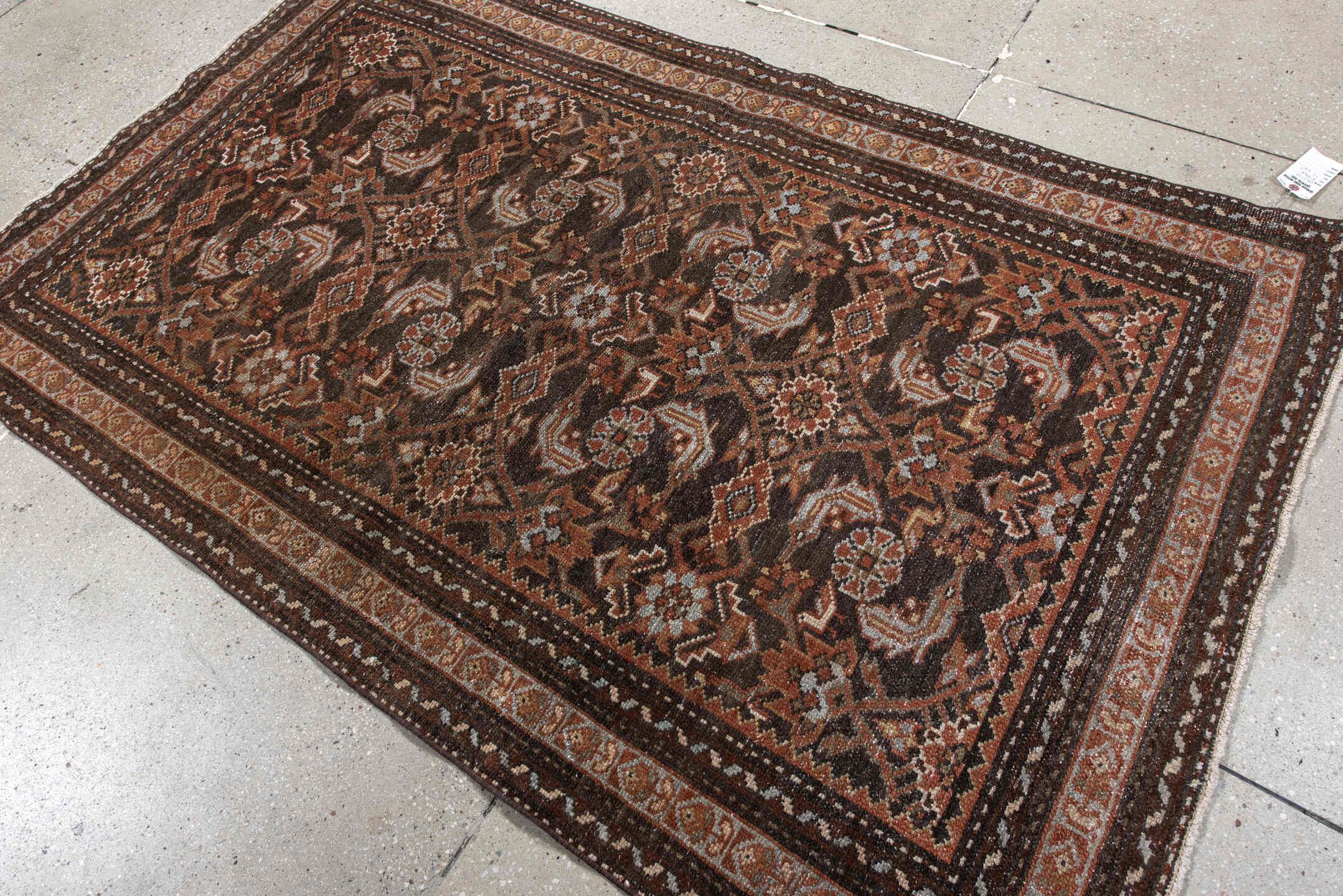 4' x 6' one-of-a-kind handmade antique Malayer small size rug. Color palette: brown, rust, ivory, camel, pale blue, taupe