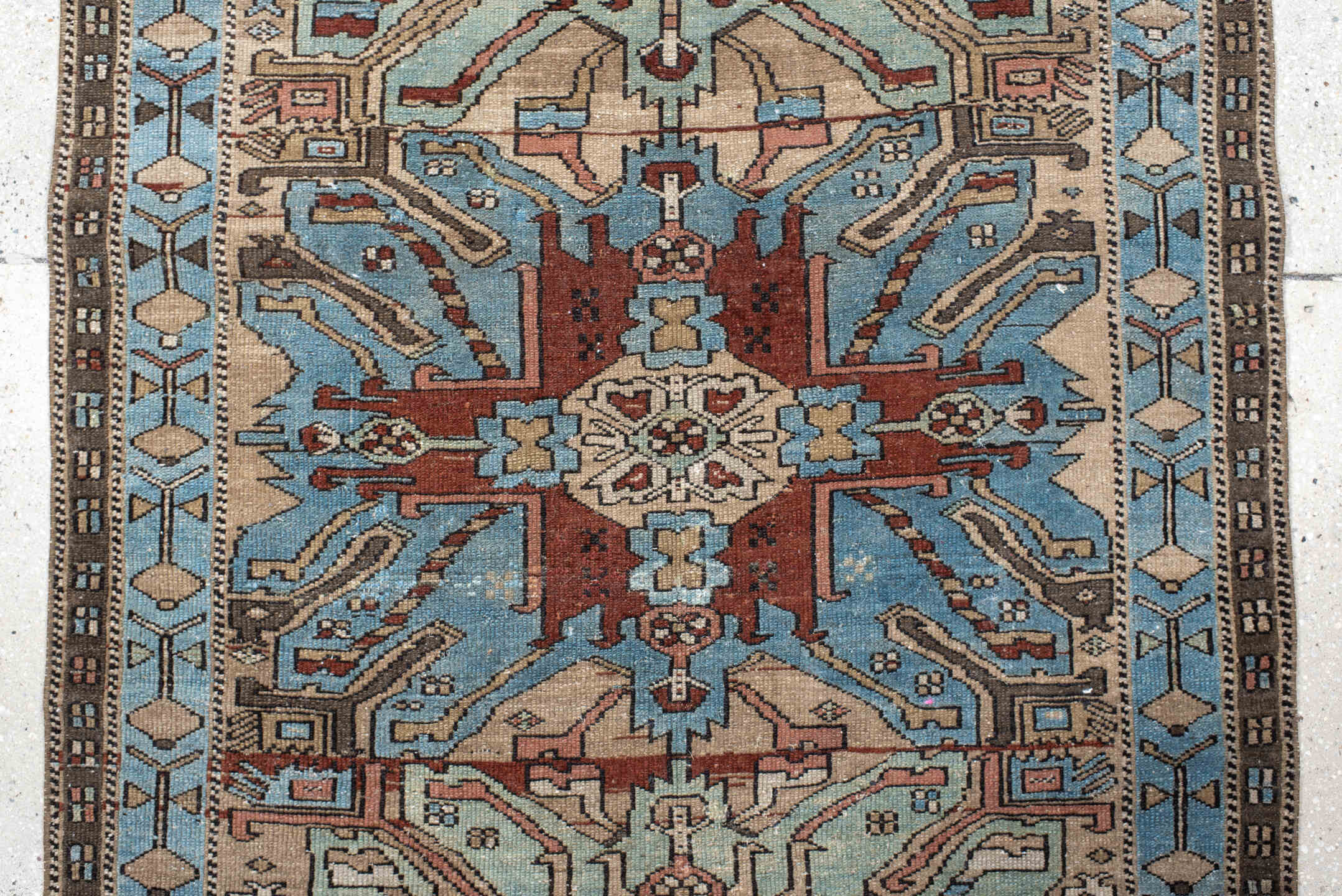 3' x 10' one-of-a-kind handmade vintage Sarab runner rug. Color palette: sky blue, ivory, rust, brown, taupe, charcoal