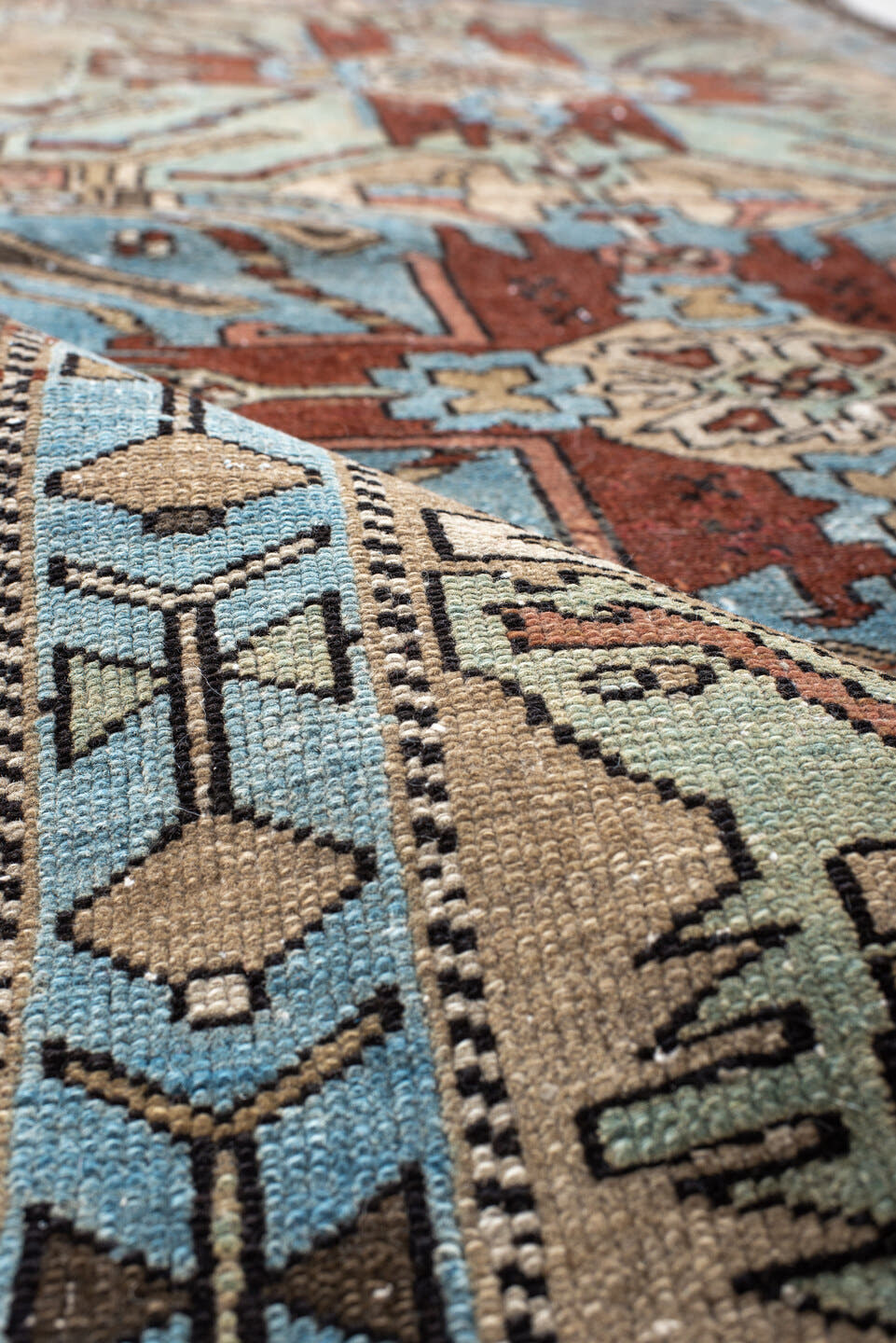 3' x 10' one-of-a-kind handmade vintage Sarab runner rug. Color palette: sky blue, ivory, rust, brown, taupe, charcoal