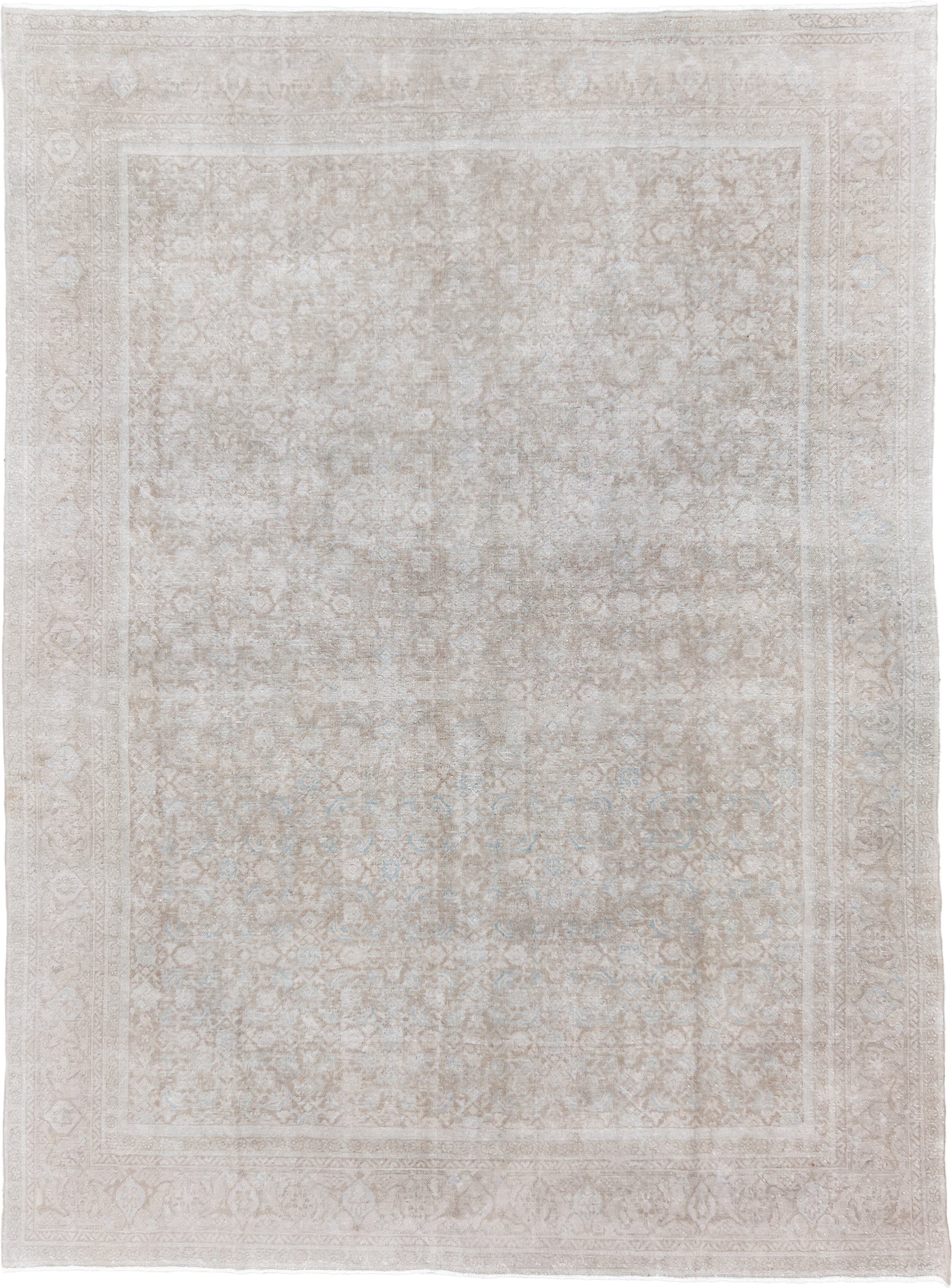 9' x 13' one-of-a-kind handmade vintage Mahal large size rug. Color palette: ivory, taupe, beige, cream, pale blue, sand
