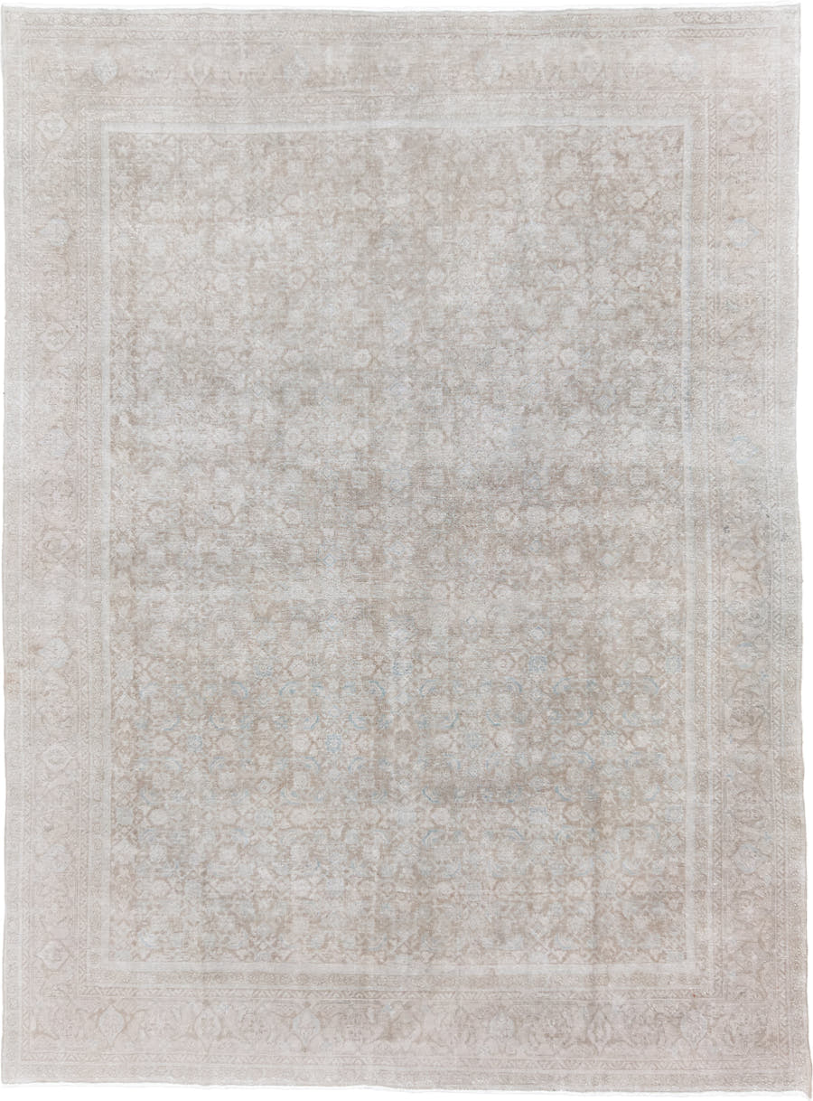9' x 13' one-of-a-kind handmade vintage Mahal large size rug. Color palette: ivory, taupe, beige, cream, pale blue, sand