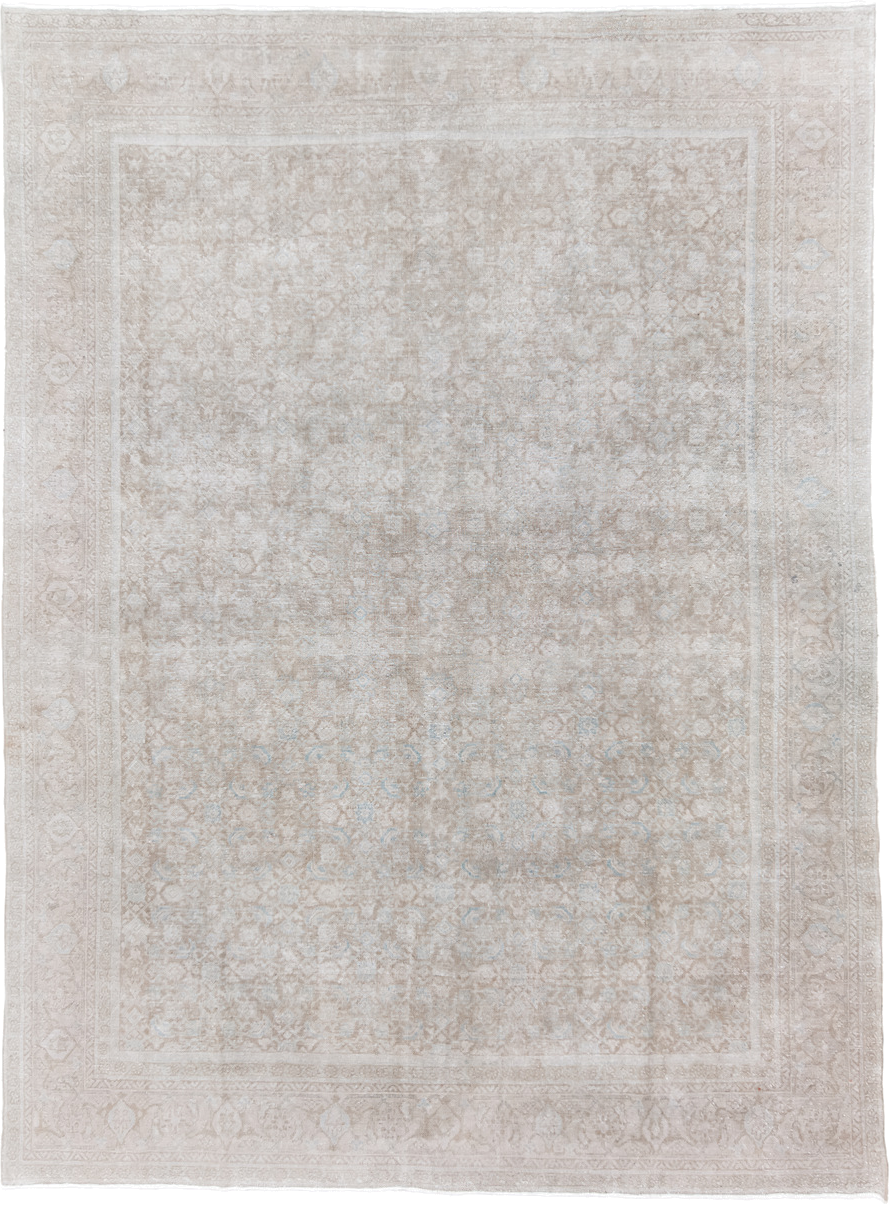 9' x 13' one-of-a-kind handmade vintage Mahal large size rug. Color palette: ivory, taupe, beige, cream, pale blue, sand