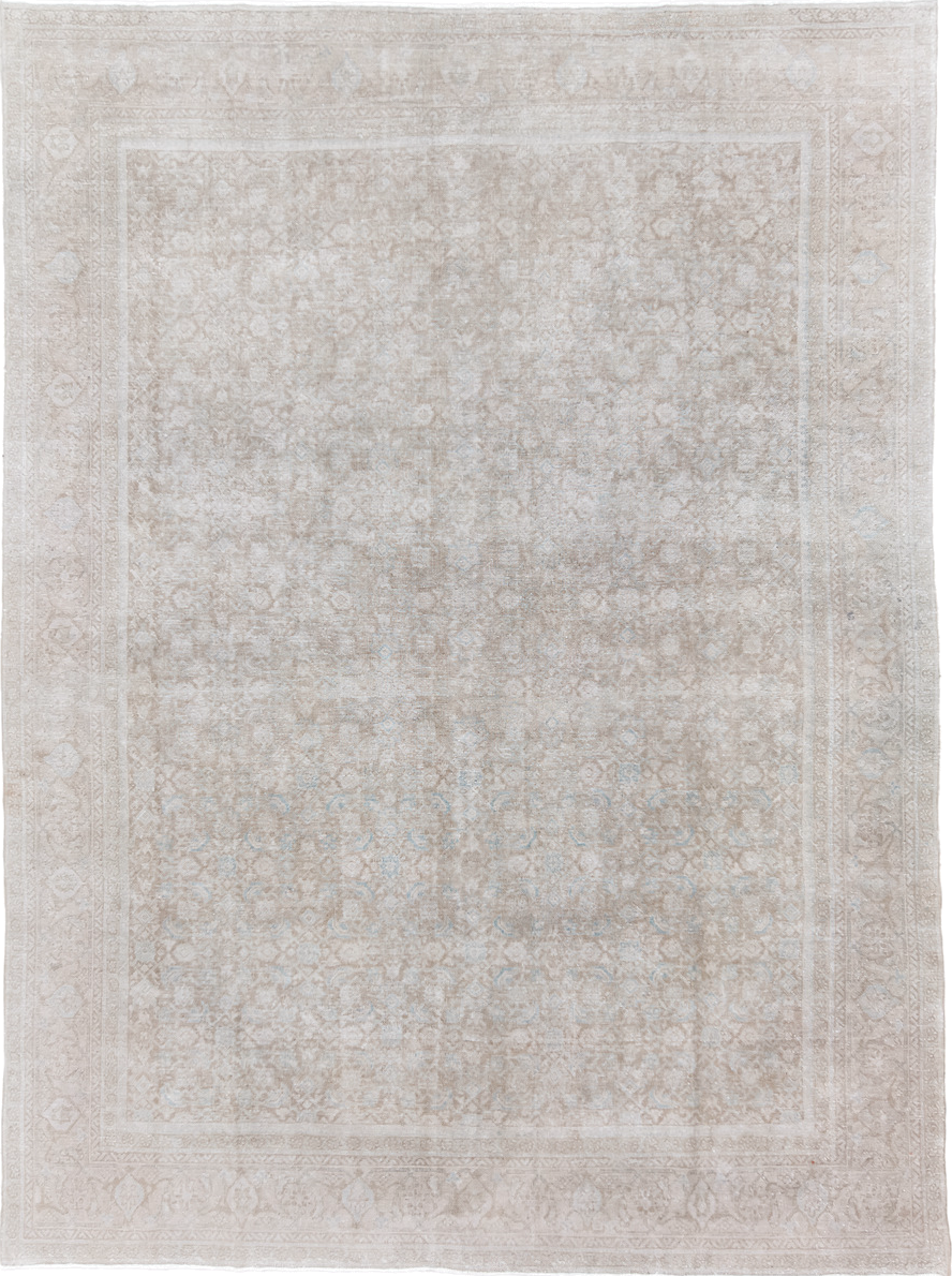 9' x 13' one-of-a-kind handmade vintage Mahal large size rug. Color palette: ivory, taupe, beige, cream, pale blue, sand