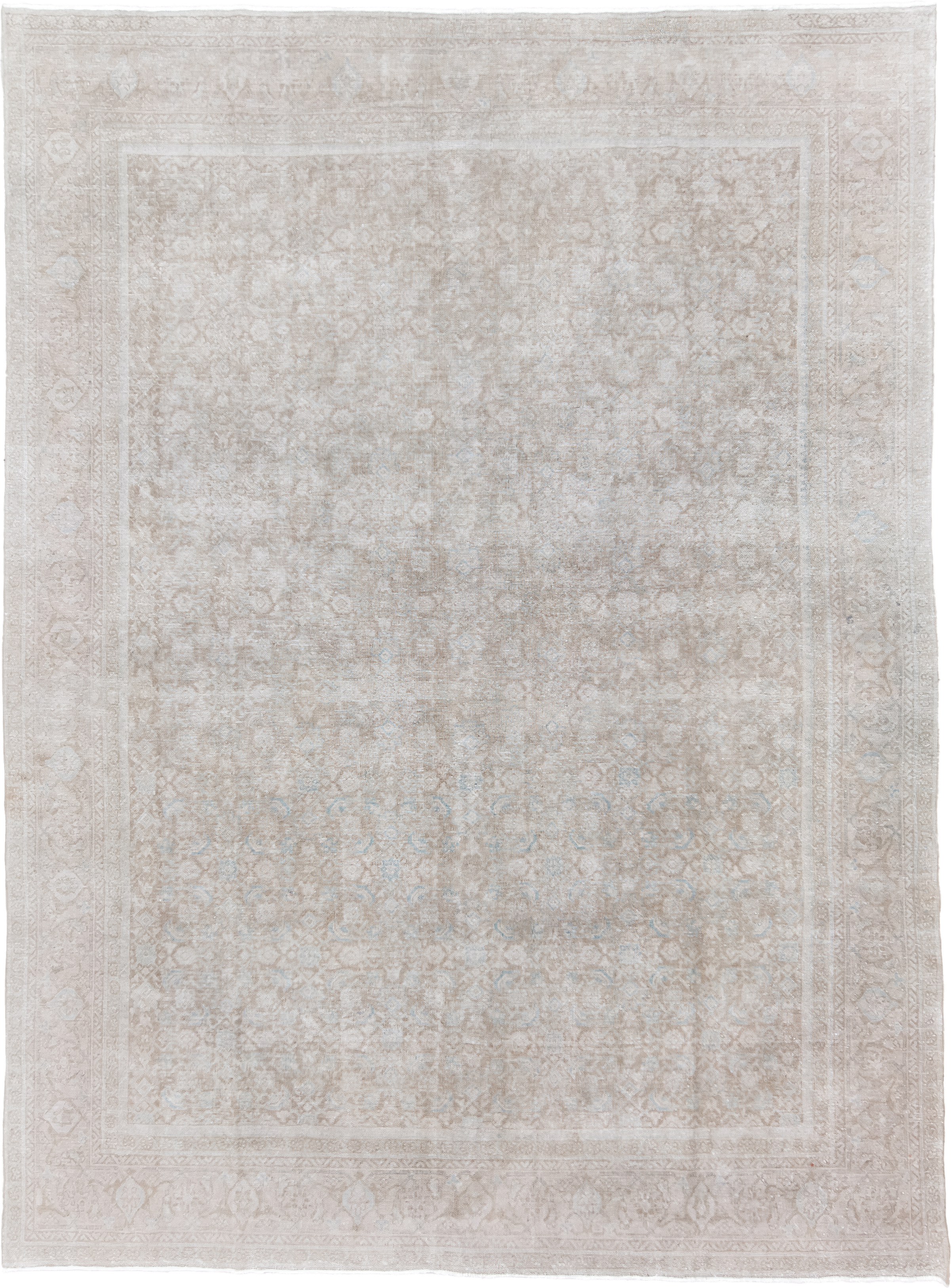 9' x 13' one-of-a-kind handmade vintage Mahal large size rug. Color palette: ivory, taupe, beige, cream, pale blue, sand