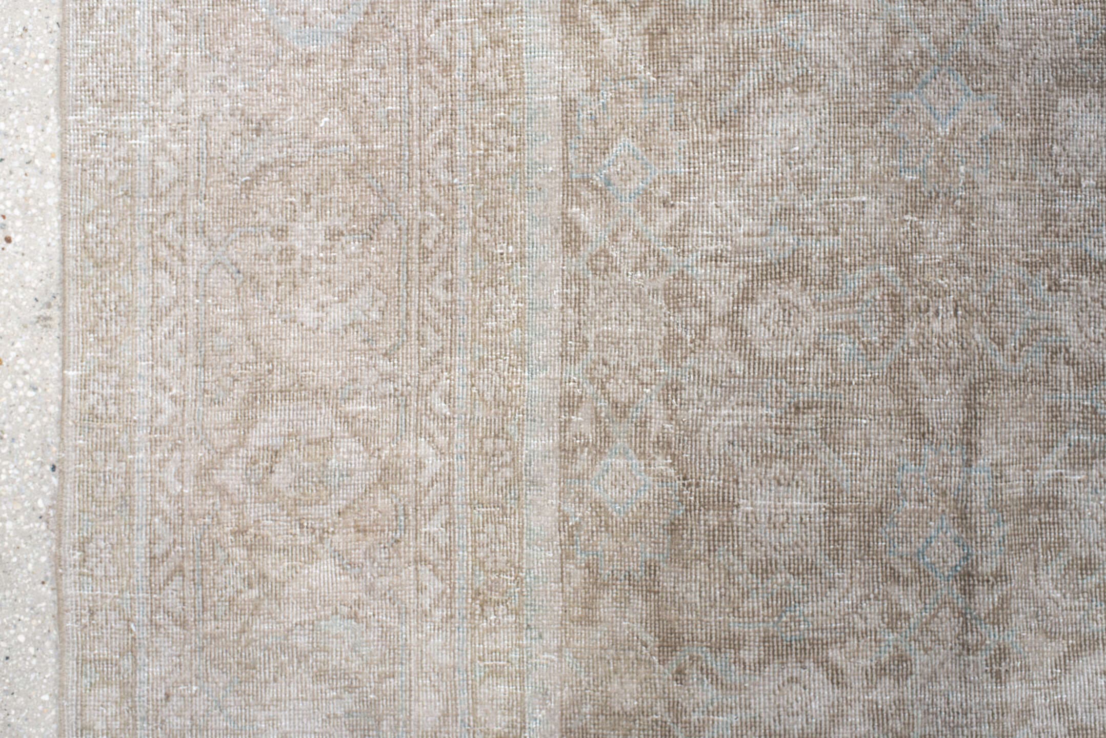 9' x 13' one-of-a-kind handmade vintage Mahal large size rug. Color palette: ivory, taupe, beige, cream, pale blue, sand