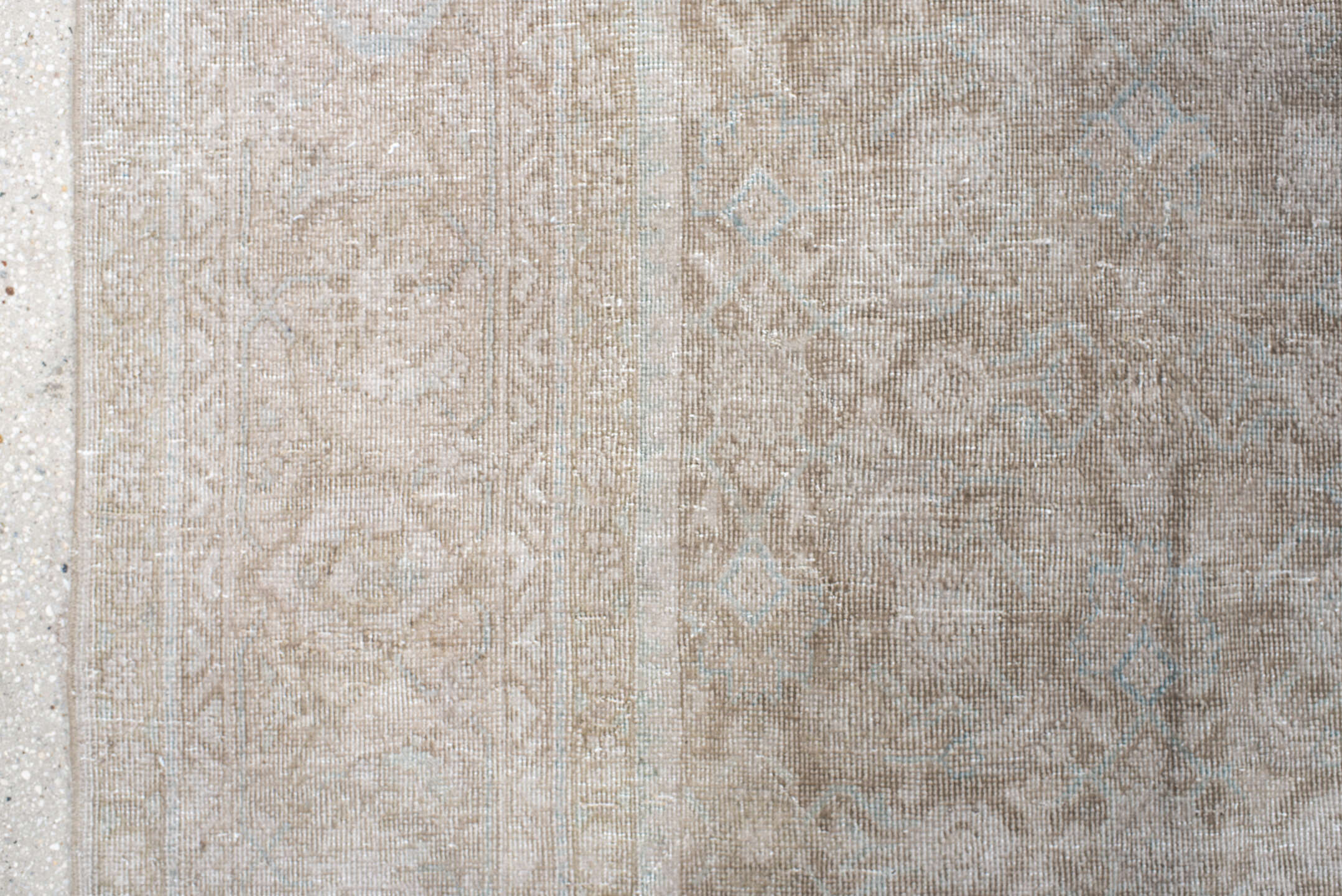 9' x 13' one-of-a-kind handmade vintage Mahal large size rug. Color palette: ivory, taupe, beige, cream, pale blue, sand