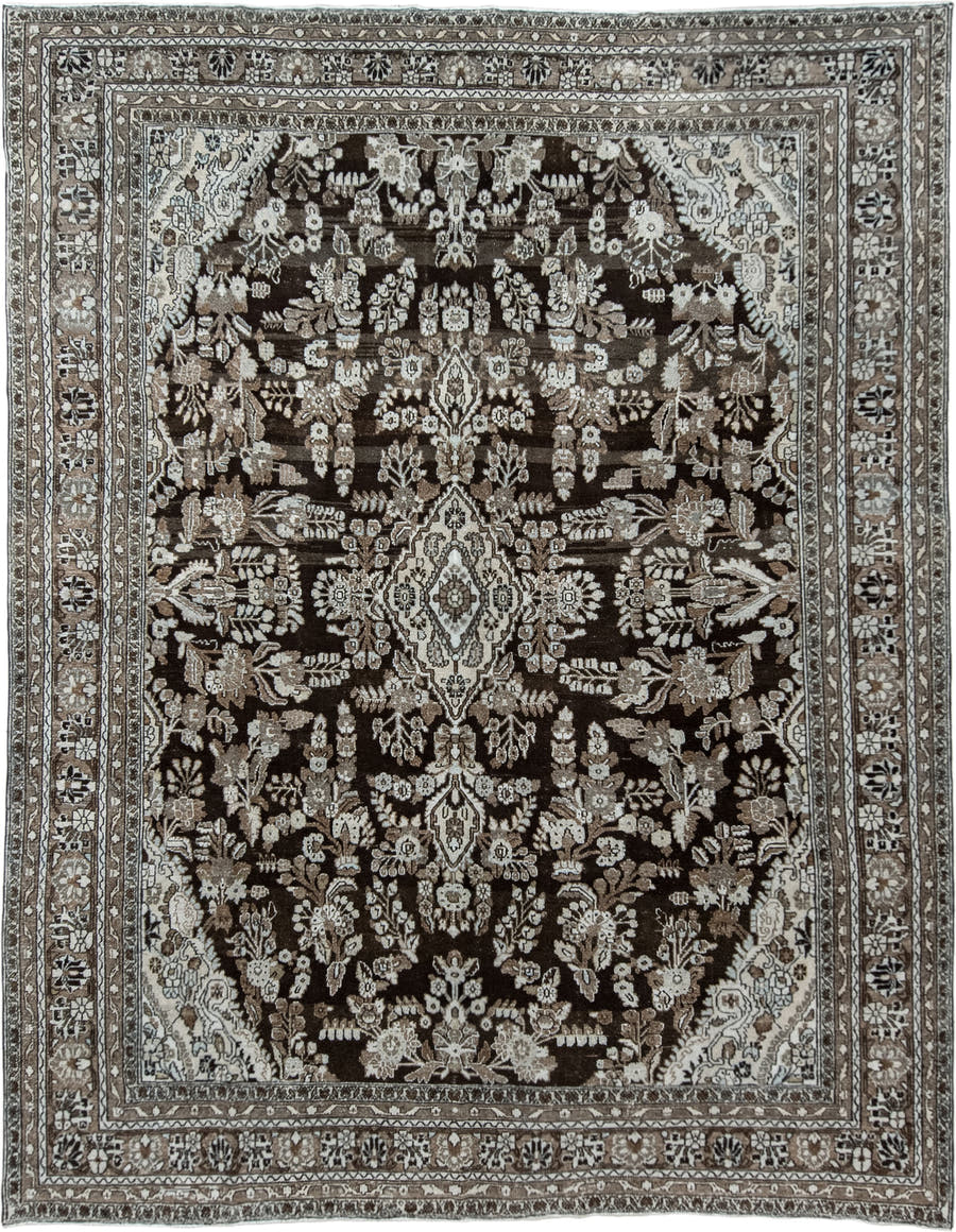 10' x 13' one-of-a-kind handmade vintage Dargazin large size rug. Color palette: brown, ivory, taupe, charcoal, beige, gray