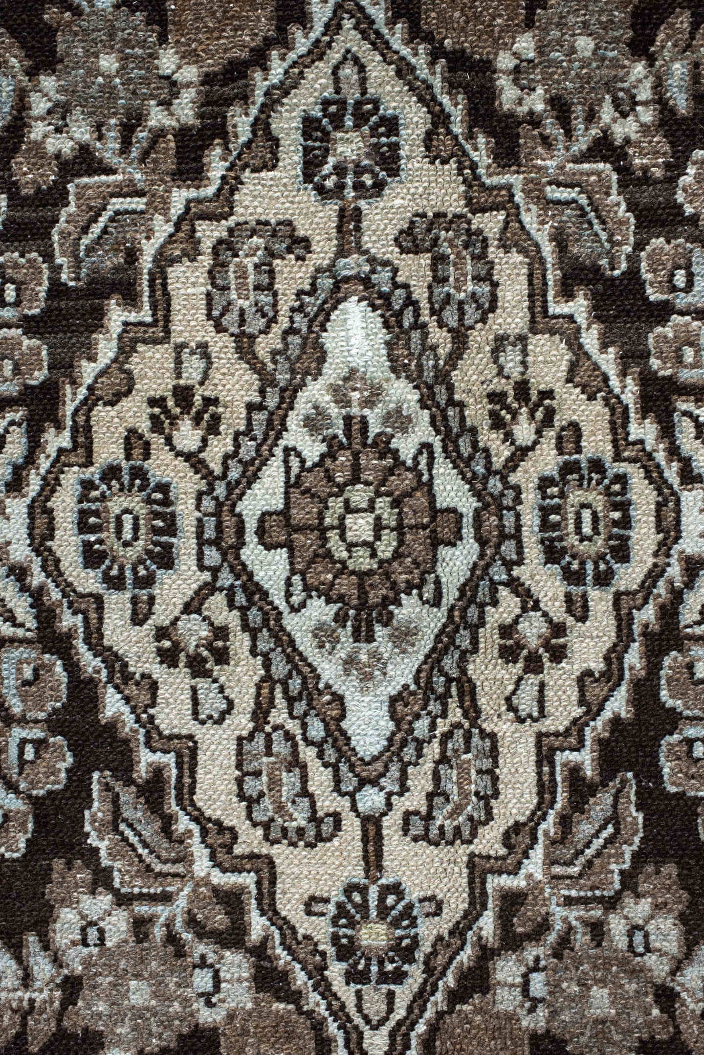 10' x 13' one-of-a-kind handmade vintage Dargazin large size rug. Color palette: brown, ivory, taupe, charcoal, beige, gray
