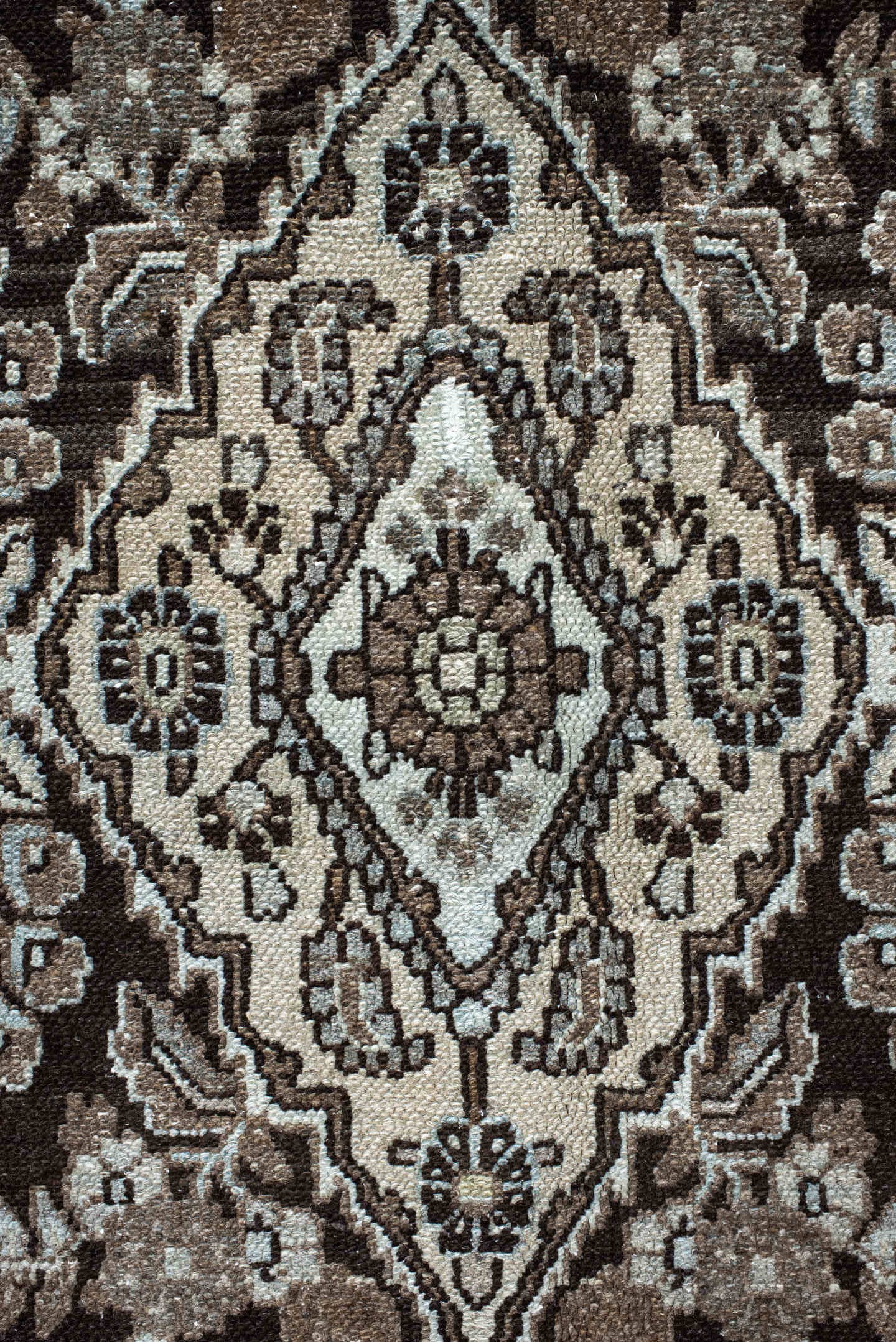 10' x 13' one-of-a-kind handmade vintage Dargazin large size rug. Color palette: brown, ivory, taupe, charcoal, beige, gray